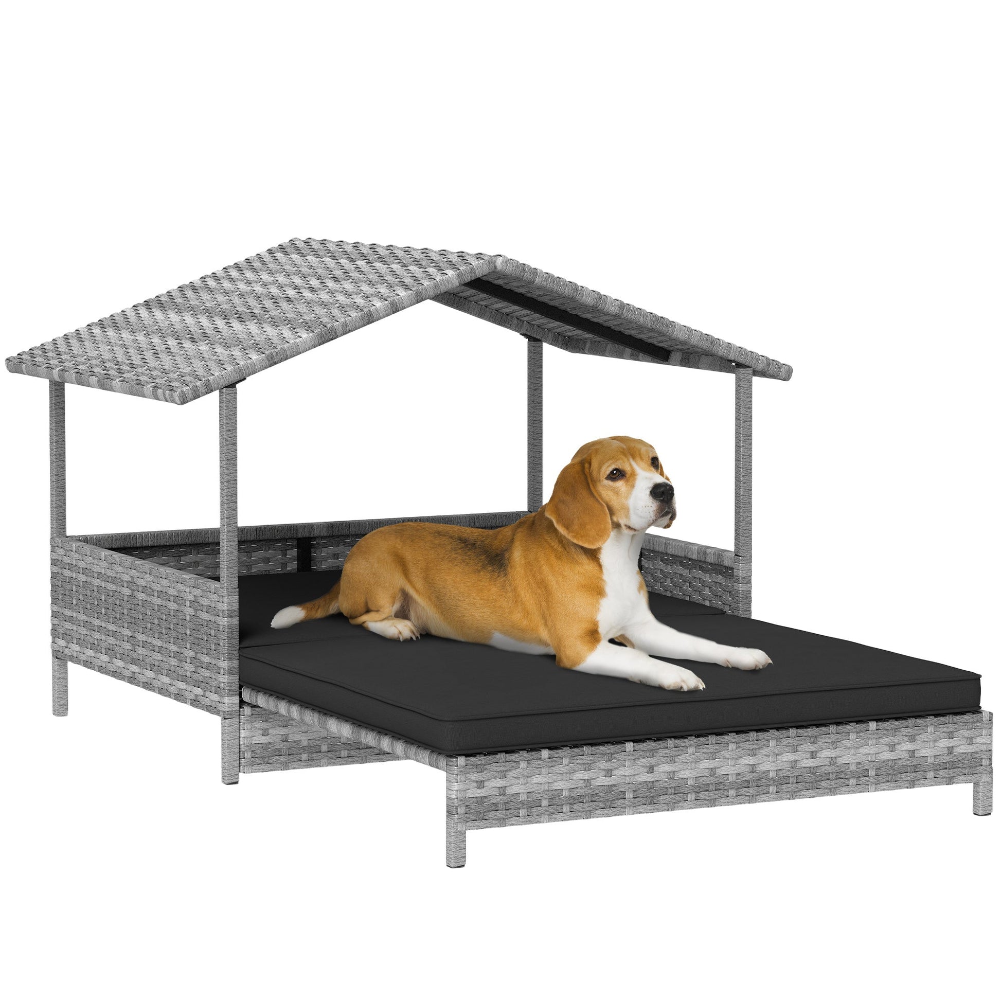 Rattan Dog House, Extendable Outdoor Wicker Dog Bed w/ Water-Resistant Roof, Removable Cushion, for Small and Medium Dogs - Charcoal Grey