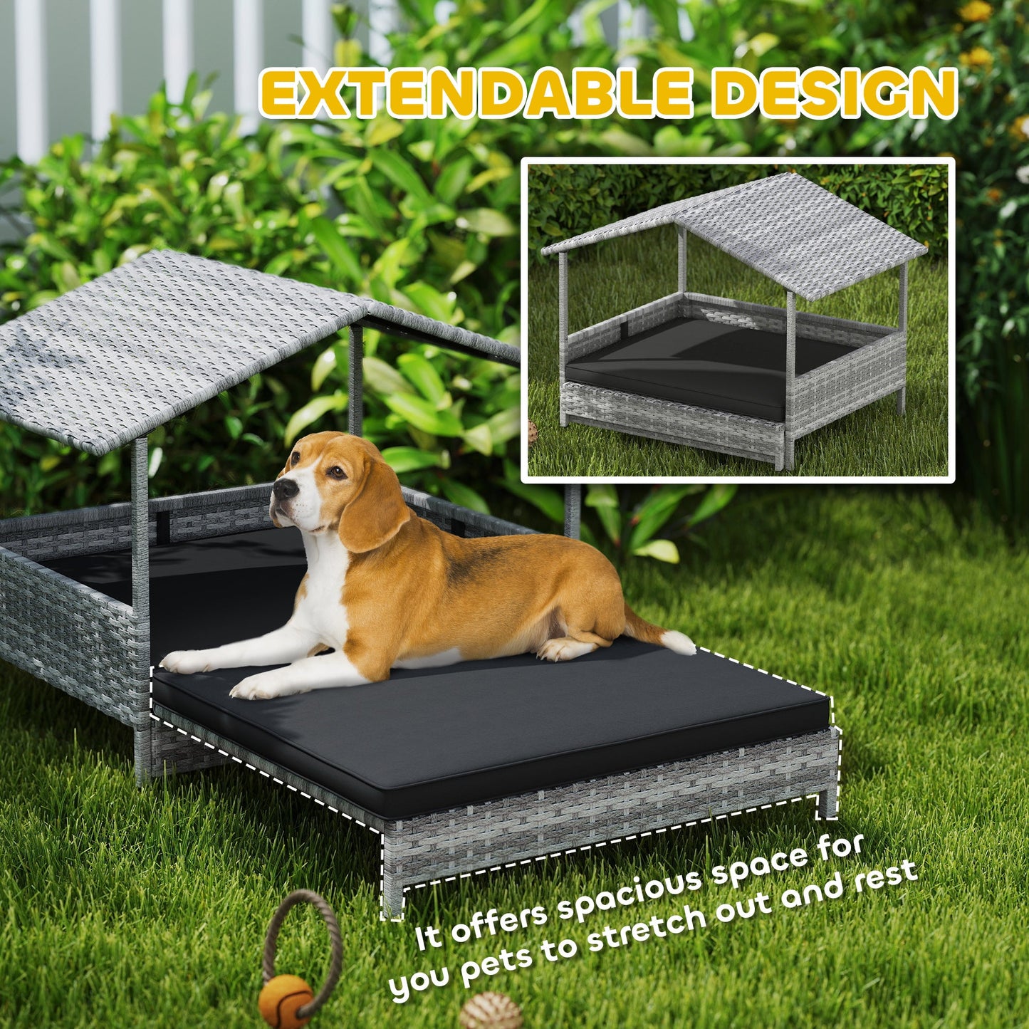 Rattan Dog House, Extendable Outdoor Wicker Dog Bed w/ Water-Resistant Roof, Removable Cushion, for Small and Medium Dogs - Charcoal Grey