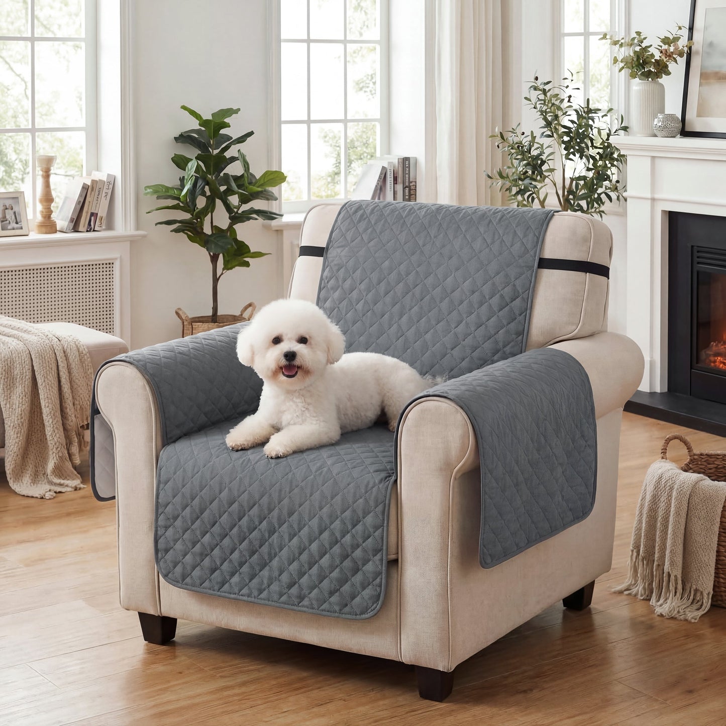 Waterproof Sofa Cover, Soft Couch Cover for Dogs Cats Pets, Non Slip Sofa Slipcoevr with Elastic Straps Furniture Protector for Living Room, Grey