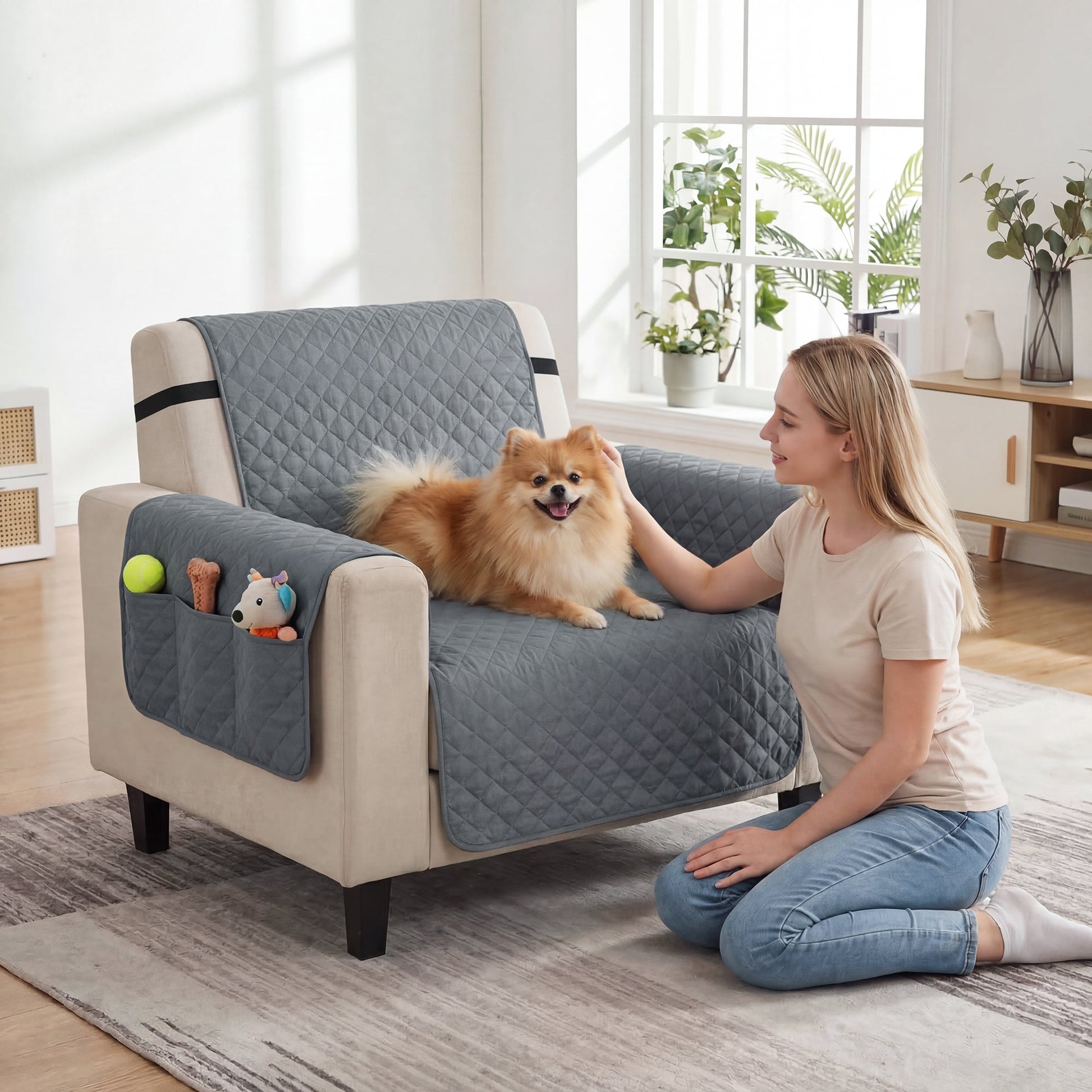 Waterproof Sofa Cover, Soft Couch Cover for Dogs Cats Pets, Non Slip Sofa Slipcoevr with Elastic Straps Furniture Protector for Living Room, Grey