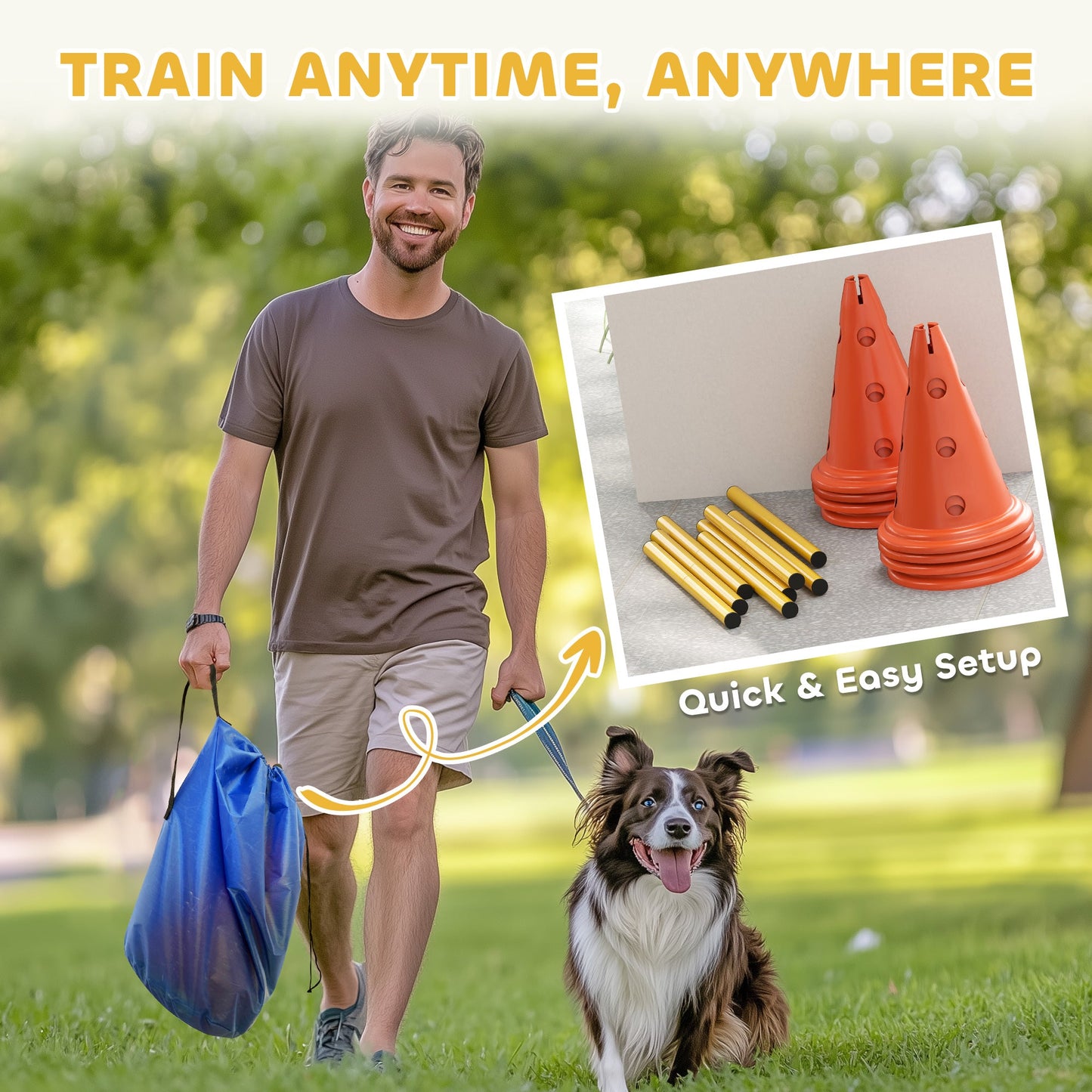 Dog Agility Equipment Set, Portable Pet Jump Training Kit for Eight Cones, Eight Poles with Carry Bag, Four-Piece Adjustable Height Jumping Obstacles, Orange