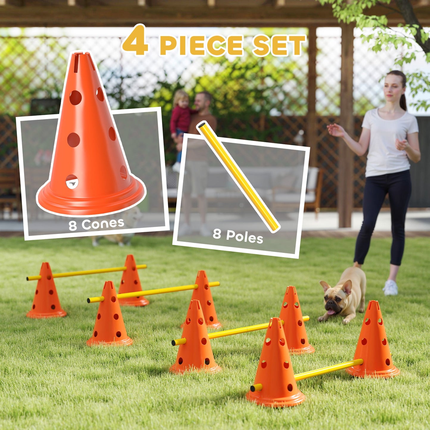 Dog Agility Equipment Set, Portable Pet Jump Training Kit for Eight Cones, Eight Poles with Carry Bag, Four-Piece Adjustable Height Jumping Obstacles, Orange