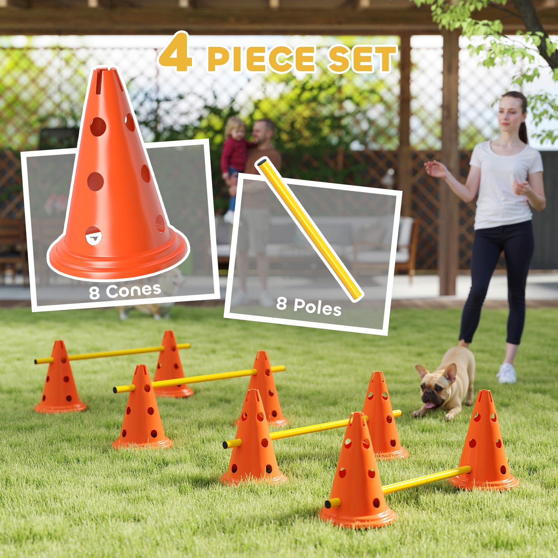 Dog Agility Equipment Set, Portable Pet Jump Training Kit for Eight Cones, Eight Poles with Carry Bag, Four-Piece Adjustable Height Jumping Obstacles, Orange