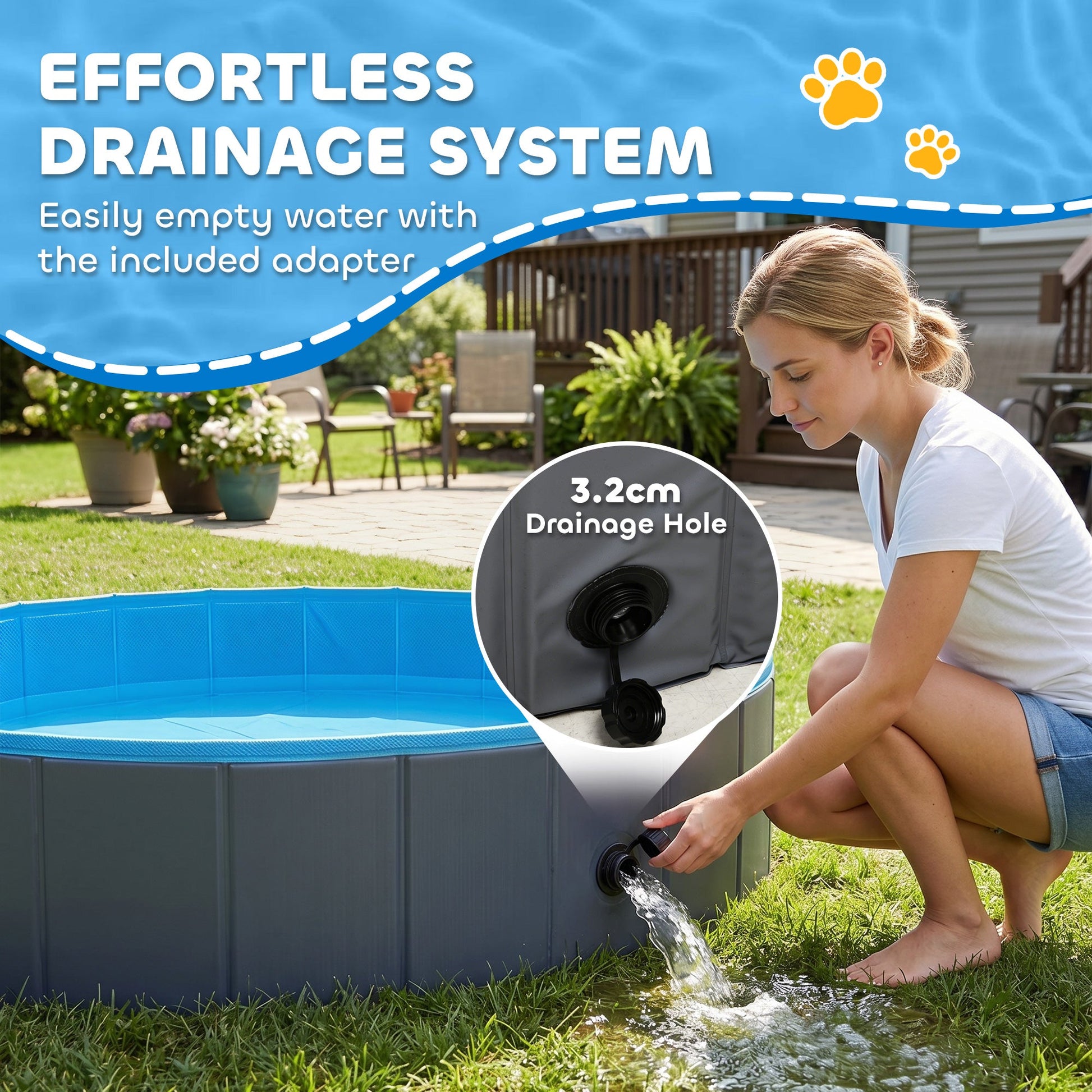 Foldable Dog Pool for Puppies and Ducks, Thickened PVC Dog Paddling Pool Bath Tub Hard Board, Anti-Slip Bottom and Hose Adapter for Easy Drainage, 160 x 30cm, Blue and Dark Grey