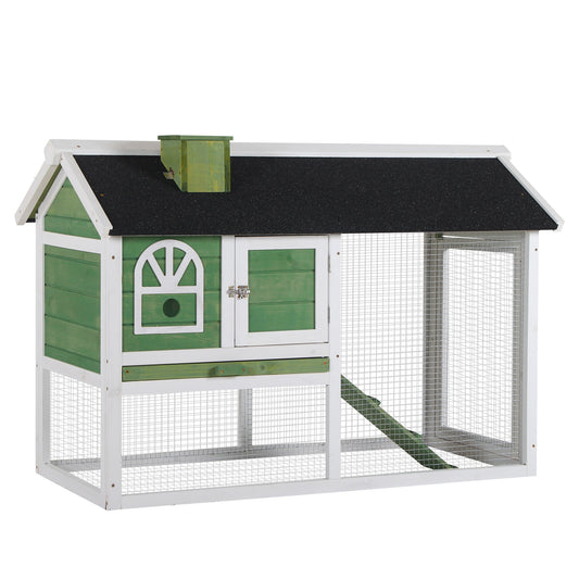 2 Tiers Rabbit Hutch and Run Wooden Guinea Pig Hutch Outdoor with Sliding Tray, Ramp, Water-resistant Roof, for 2-4 Rabbits, Green