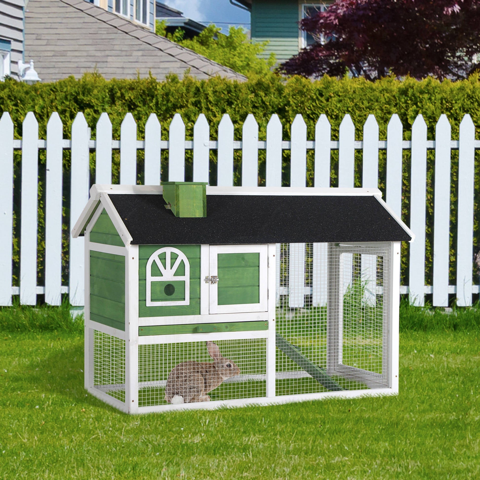2 Tiers Rabbit Hutch and Run Wooden Guinea Pig Hutch Outdoor with Sliding Tray, Ramp, Water-resistant Roof, for 2-4 Rabbits, Green
