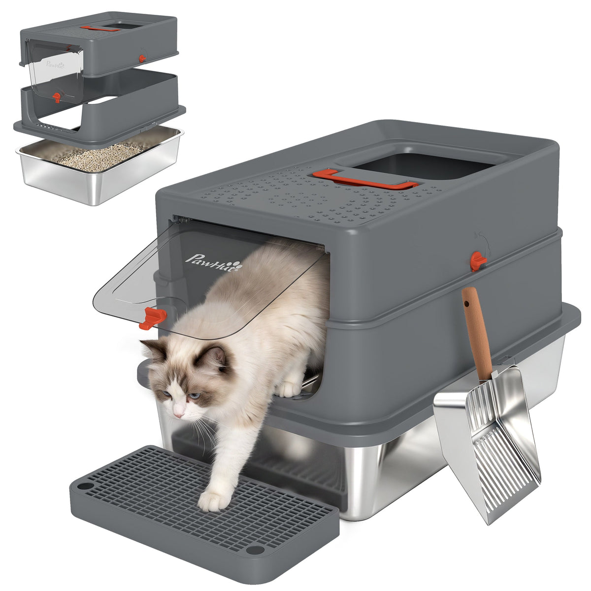 Stainless Steel Cat Litter Tray with Lid, XL 90L Enclosed Cat Litter Box with Step, Scoop, High Side, Front and Top Dual Entry, Easy to Clean, 60 x 40 x 40 cm, Dark Grey