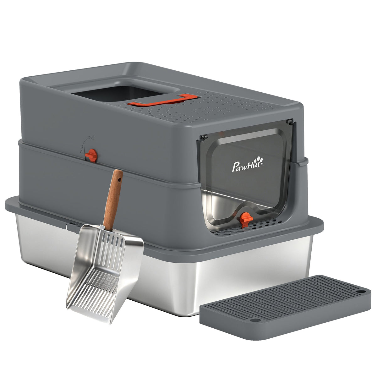Stainless Steel Cat Litter Tray with Lid, XL 90L Enclosed Cat Litter Box with Step, Scoop, High Side, Front and Top Dual Entry, Easy to Clean, 60 x 40 x 40 cm, Dark Grey