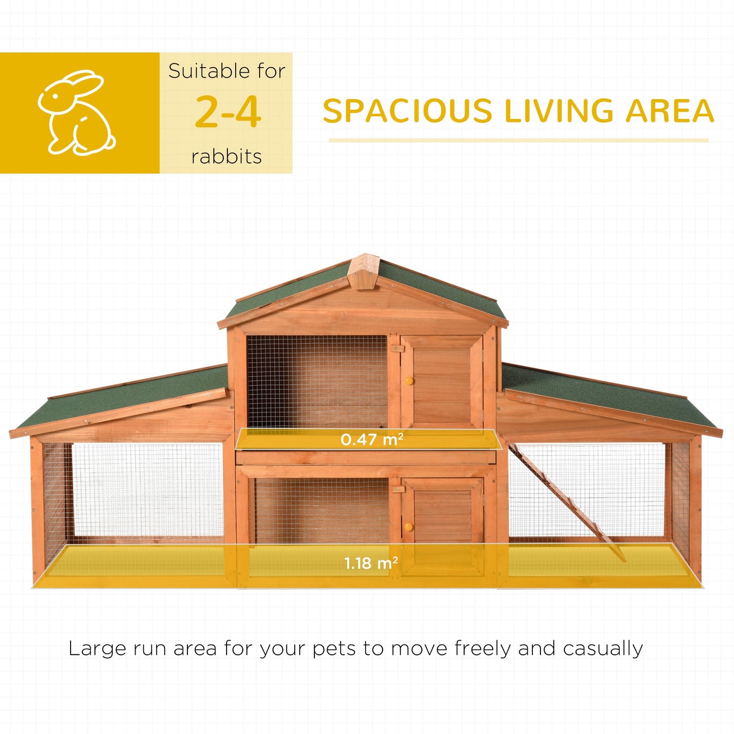 Large Rabbit Hutch Outdoor, Guinea Pig Hutch, Wooden Small Animal House, with Rabbit Run, 215 x 63 x 97 cm