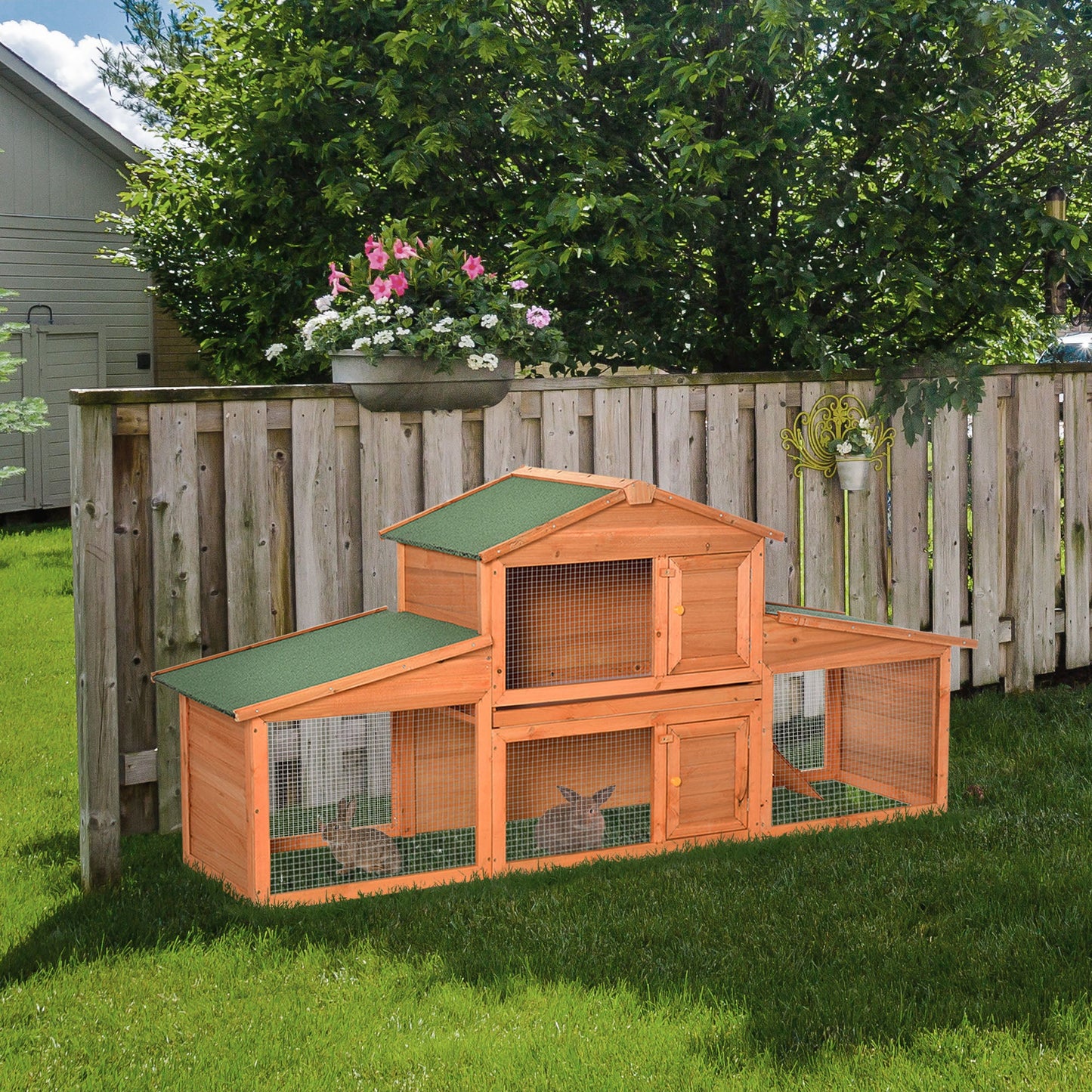 Large Rabbit Hutch Outdoor, Guinea Pig Hutch, Wooden Small Animal House, with Rabbit Run, 215 x 63 x 97 cm