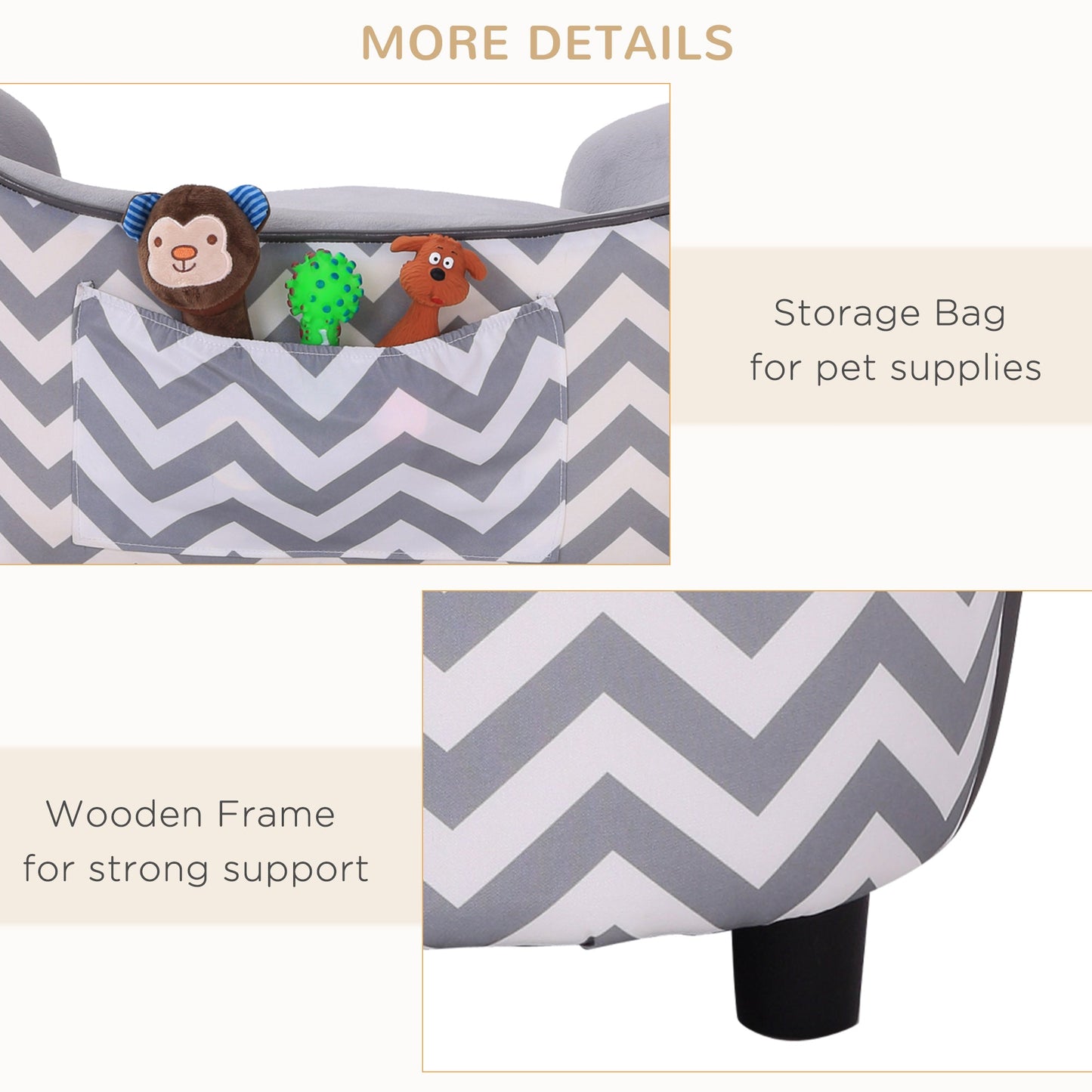 Dog Sofa for XS-Sized Dogs, Elevated Pet Bed with Removable Sponge Padded Cushion, Cat Couch Lounge with Washable Cover, Storage Bag, Grey