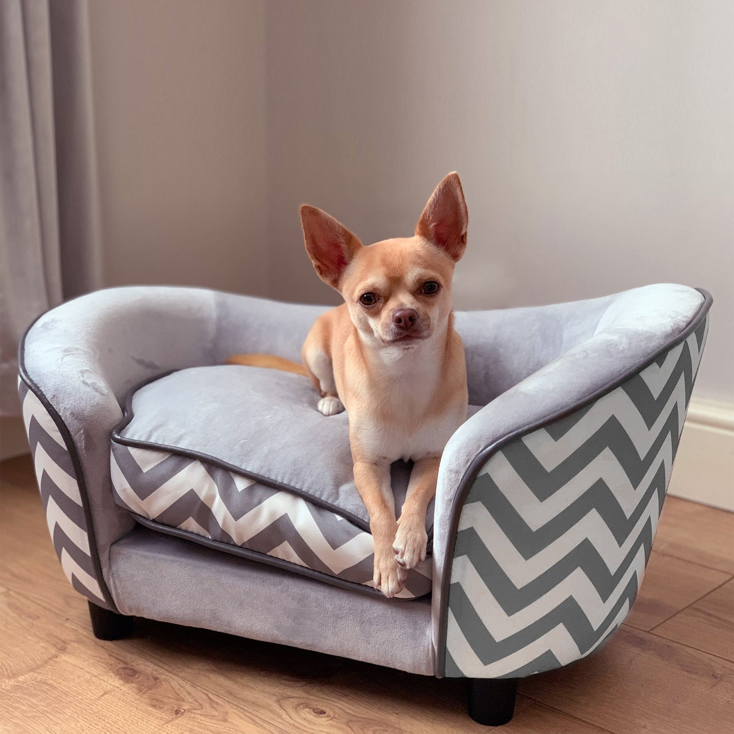 Dog Sofa for XS-Sized Dogs, Elevated Pet Bed with Removable Sponge Padded Cushion, Cat Couch Lounge with Washable Cover, Storage Bag, Grey