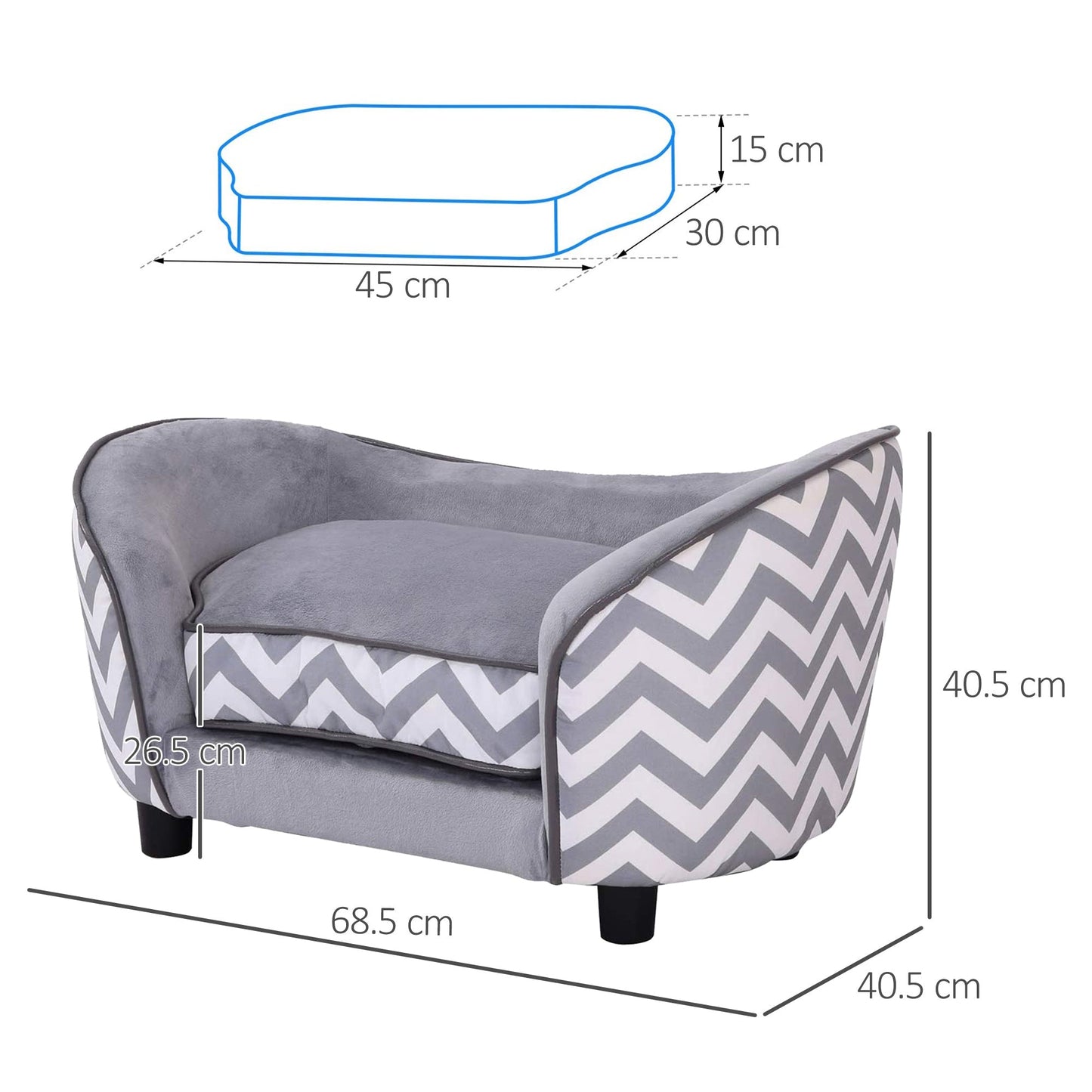 Dog Sofa for XS-Sized Dogs, Elevated Pet Bed with Removable Sponge Padded Cushion, Cat Couch Lounge with Washable Cover, Storage Bag, Grey