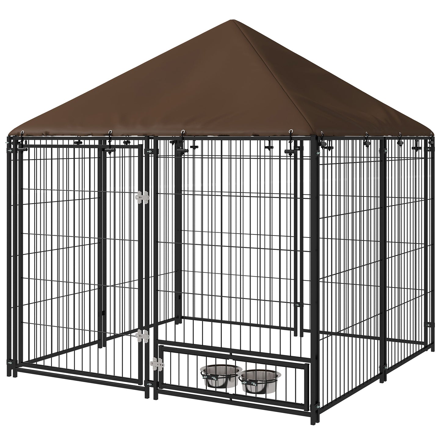 Outdoor Dog Kennel Puppy Play Pen with Canopy Garden Playpen Fence Crate Enclosure Cage Rotating Bowl 141 x 141 x 151 cm