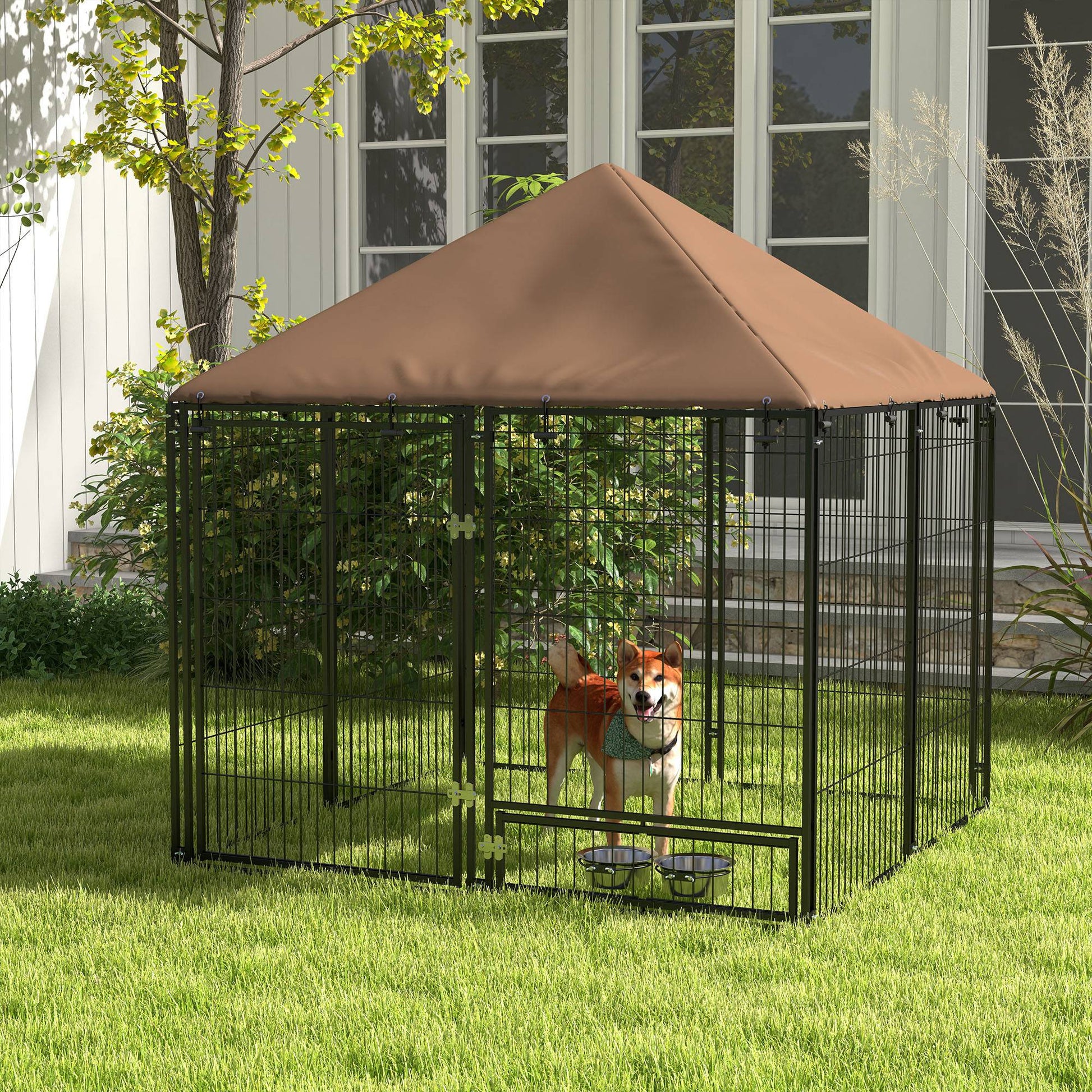 Outdoor Dog Kennel Puppy Play Pen with Canopy Garden Playpen Fence Crate Enclosure Cage Rotating Bowl 141 x 141 x 151 cm