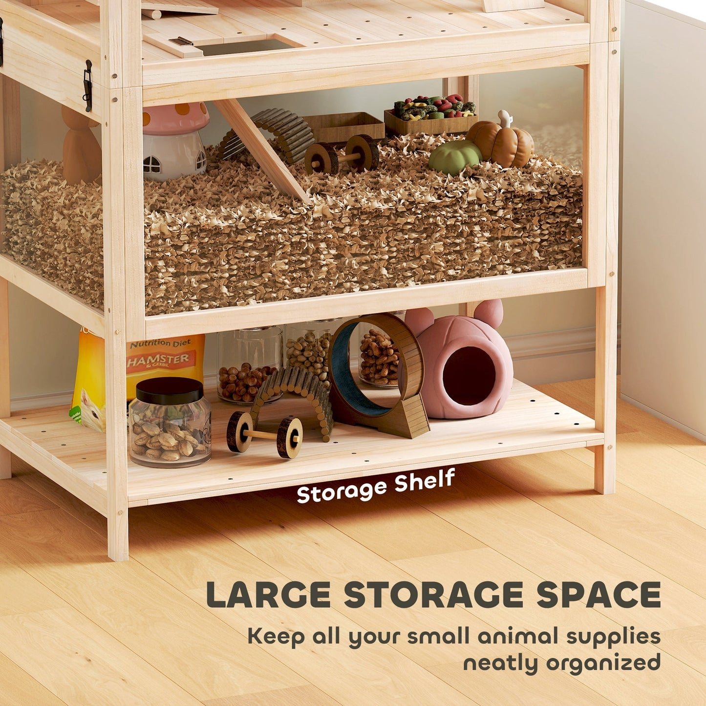 Wooden Hamster Cage, 3 Tier Small Animal Cage with Detachable Lower Floor, Storage Shelf, Hut, Seesaw, Exercise Wheel, Ramps, Hamster Habitat for Dwarf, Gerbil, 80L x 53W x 117H cm, Natural