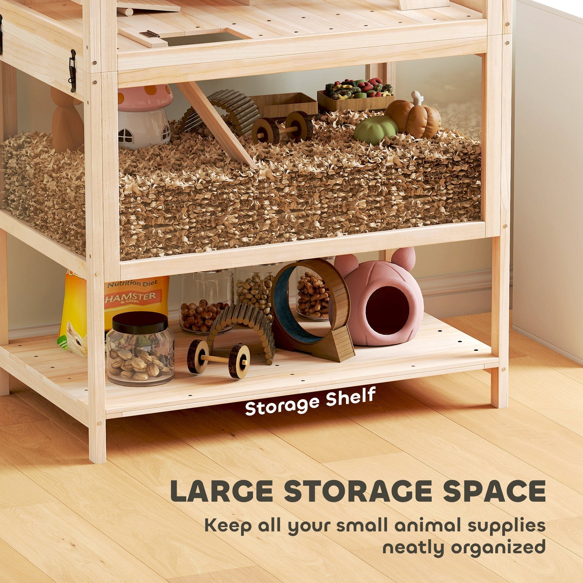 Wooden Hamster Cage, 3 Tier Small Animal Cage with Detachable Lower Floor, Storage Shelf, Hut, Seesaw, Exercise Wheel, Ramps, Hamster Habitat for Dwarf, Gerbil, 80L x 53W x 117H cm, Natural