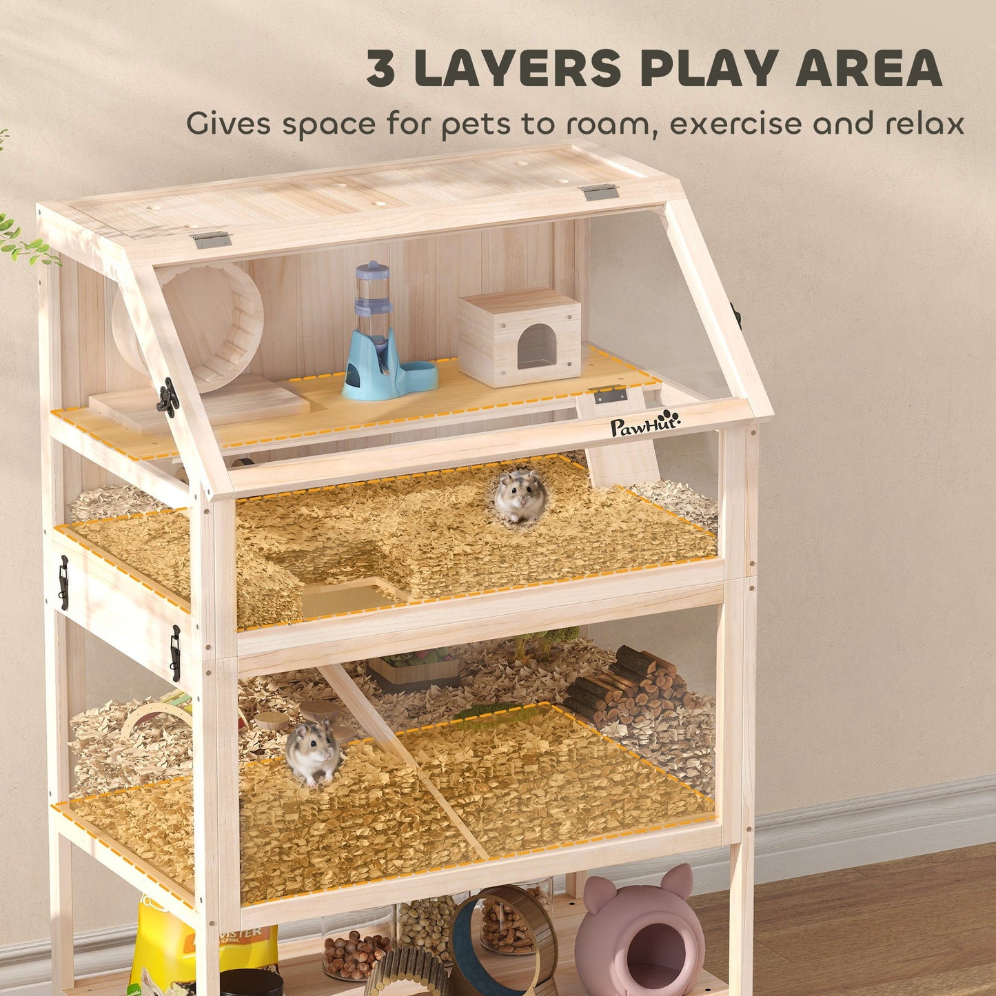 Wooden Hamster Cage, 3 Tier Small Animal Cage with Detachable Lower Floor, Storage Shelf, Hut, Seesaw, Exercise Wheel, Ramps, Hamster Habitat for Dwarf, Gerbil, 80L x 53W x 117H cm, Natural