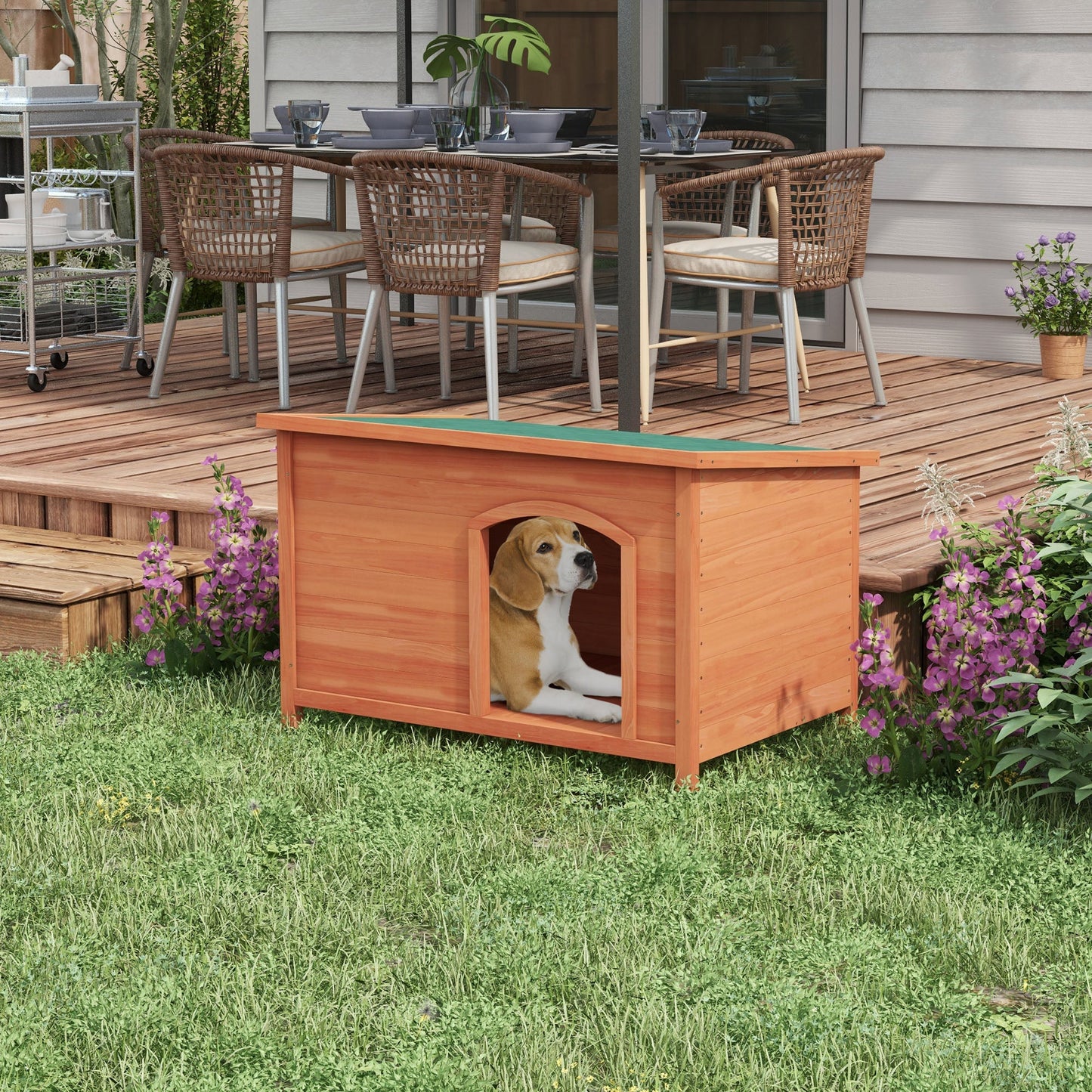 Wooden Dog Kennel Outdoor Pet House Elevated with Removable Floor, Openable Roof, for Large Dogs, 100 x 65.5 x 68cm - Natural Wood Tone