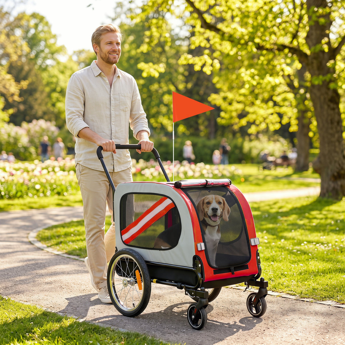 Dog Bike Trailer, 2 in 1 Foldable Pet Stroller Security Harness, Reflectors, Quick Release Wheels, Flag, for Medium Dogs, Red