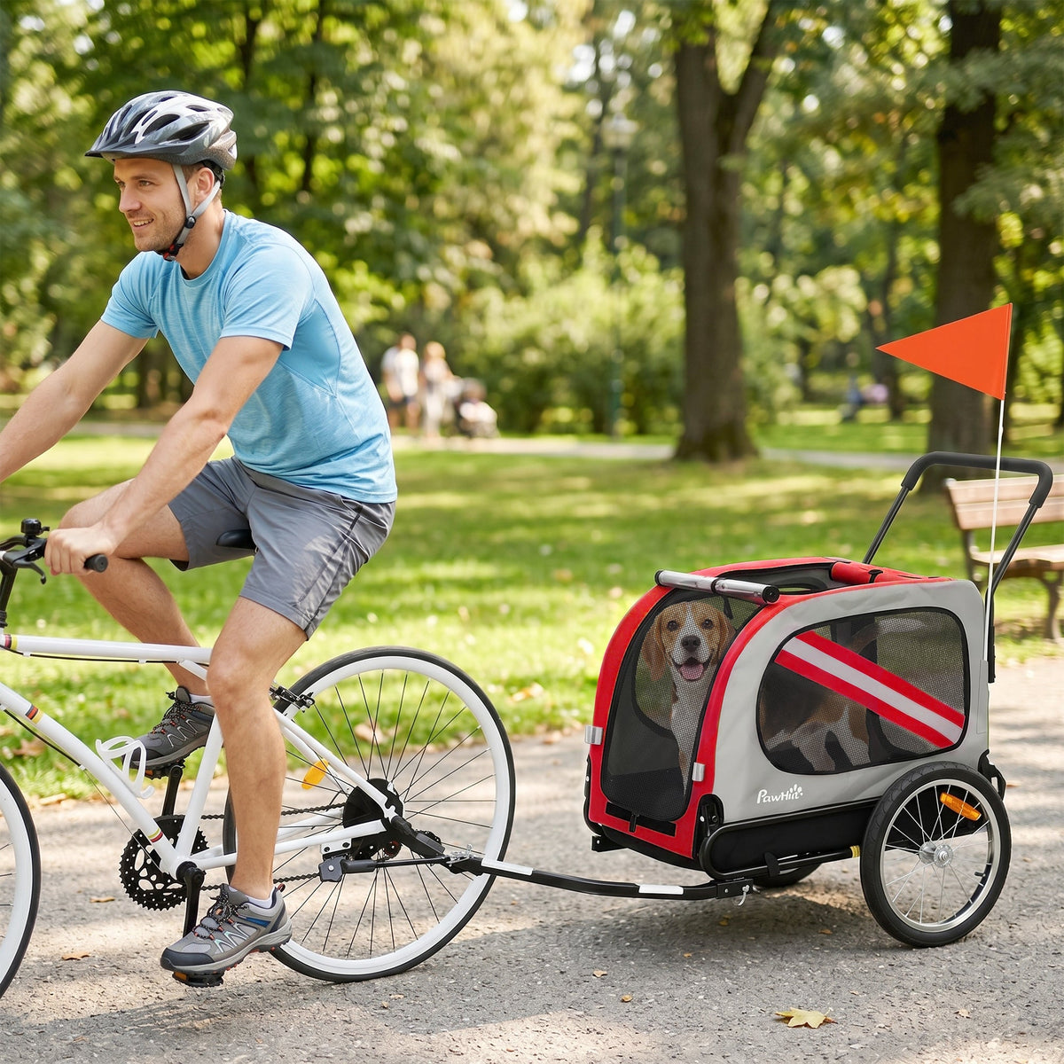 Dog Bike Trailer, 2 in 1 Foldable Pet Stroller Security Harness, Reflectors, Quick Release Wheels, Flag, for Medium Dogs, Red