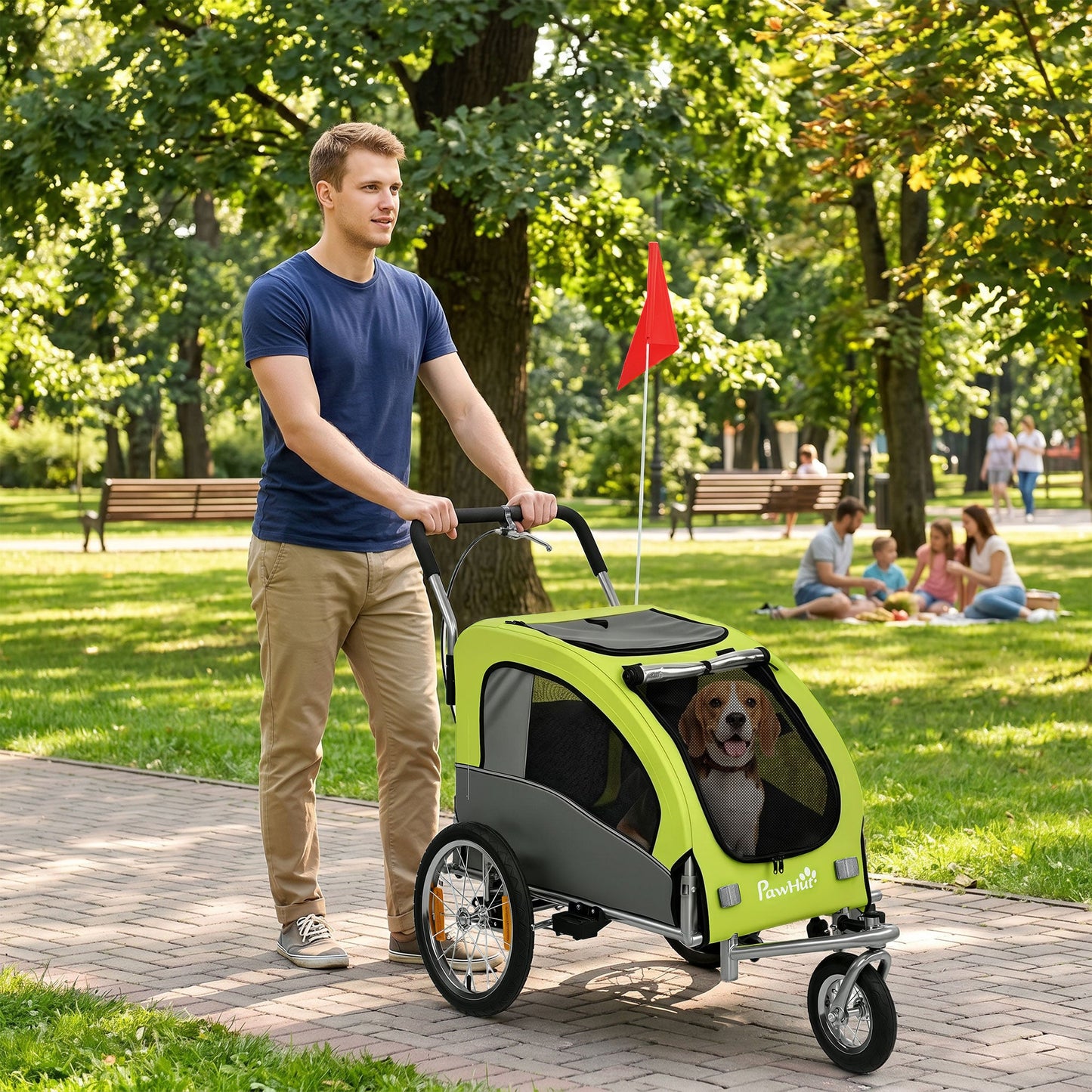 2 in 1 Dog Bike Trailer, Dog Stroller, Foldable Pet Bicycle Trailer Wagon with Suspension, 600D Oxford Fabric, Reflectors, Handbrake, Universal Hitch Coupler, for Medium Dogs up to 20kg, Green