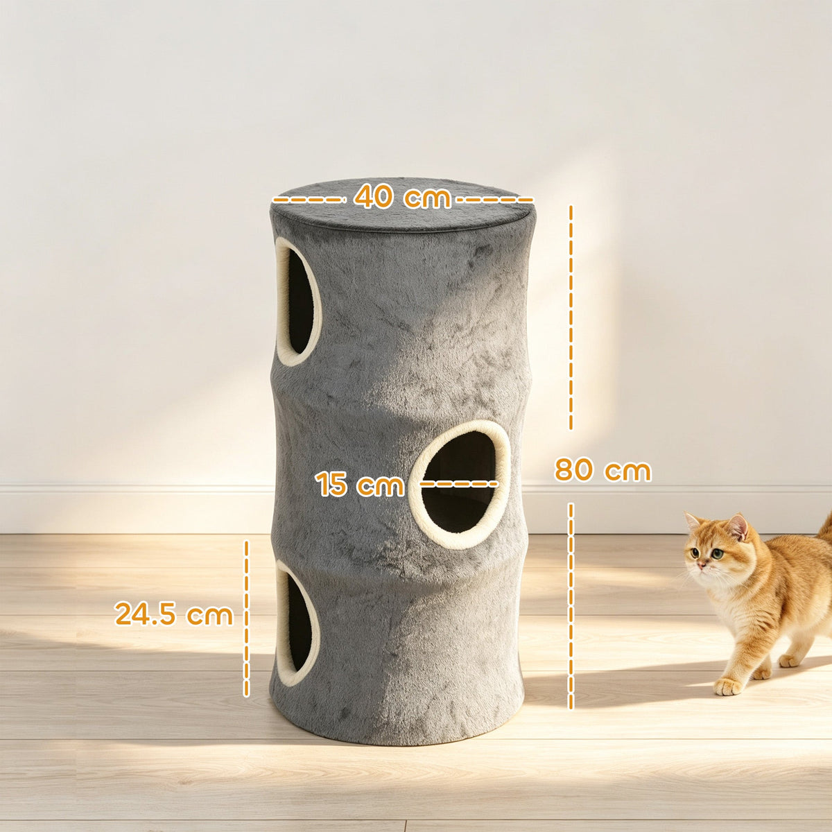 Cat House for Indoor Kittens, Cat Condo with Removable Washable Cover, Modern Barrel-Shaped Kitty Cave Bed, Stable Multi-Level Kitten Hideaway for Play & Rest, 40 x 40 x 80 cm, Grey