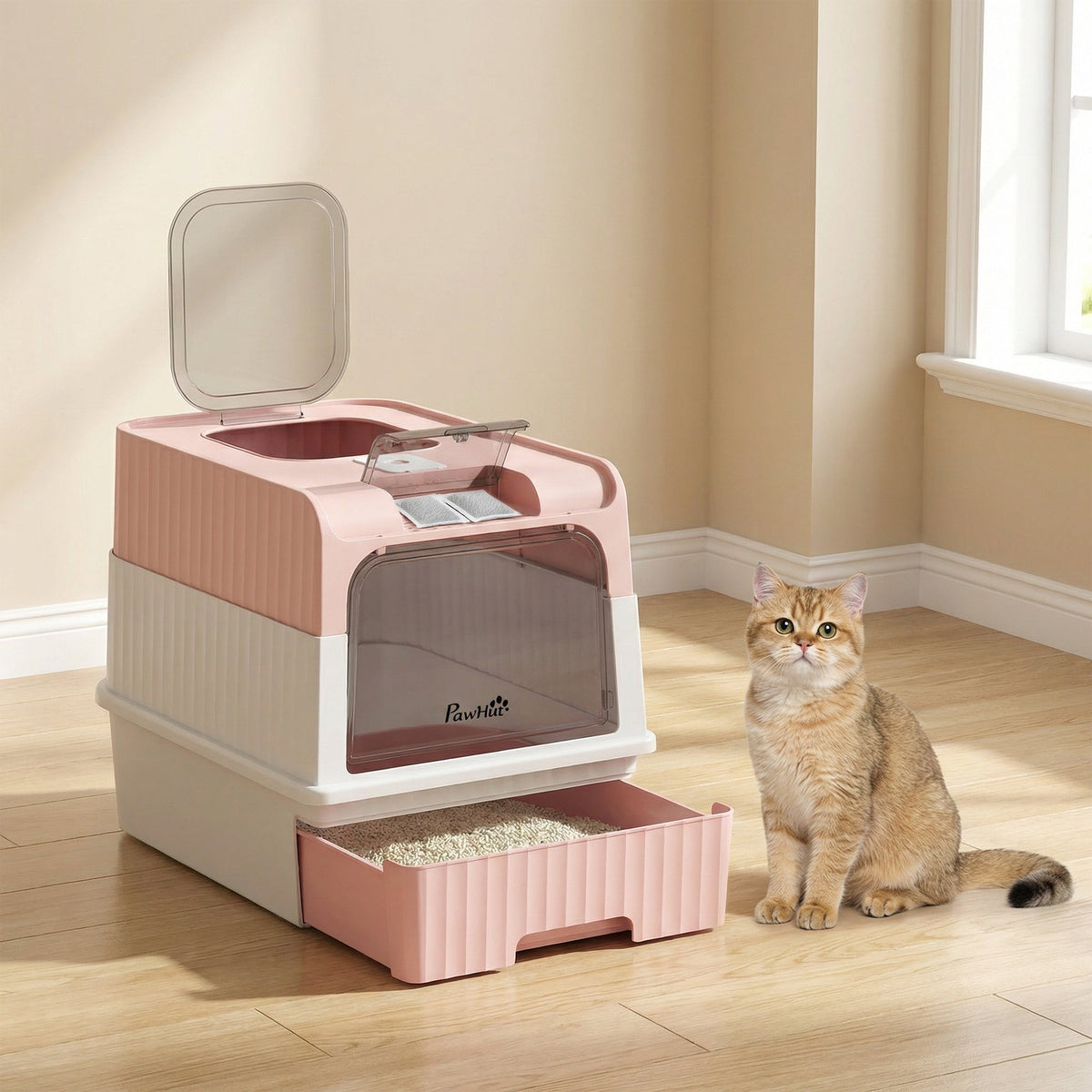 Cat litter Box with Lid, Enclosed Cat Litter Box with Pull-Out Drawer Tray, Scoop, 4 Deodorisation Bags, Front Entry & Top Exit, Privacy, Odour Control and Easy to Clean, Pink