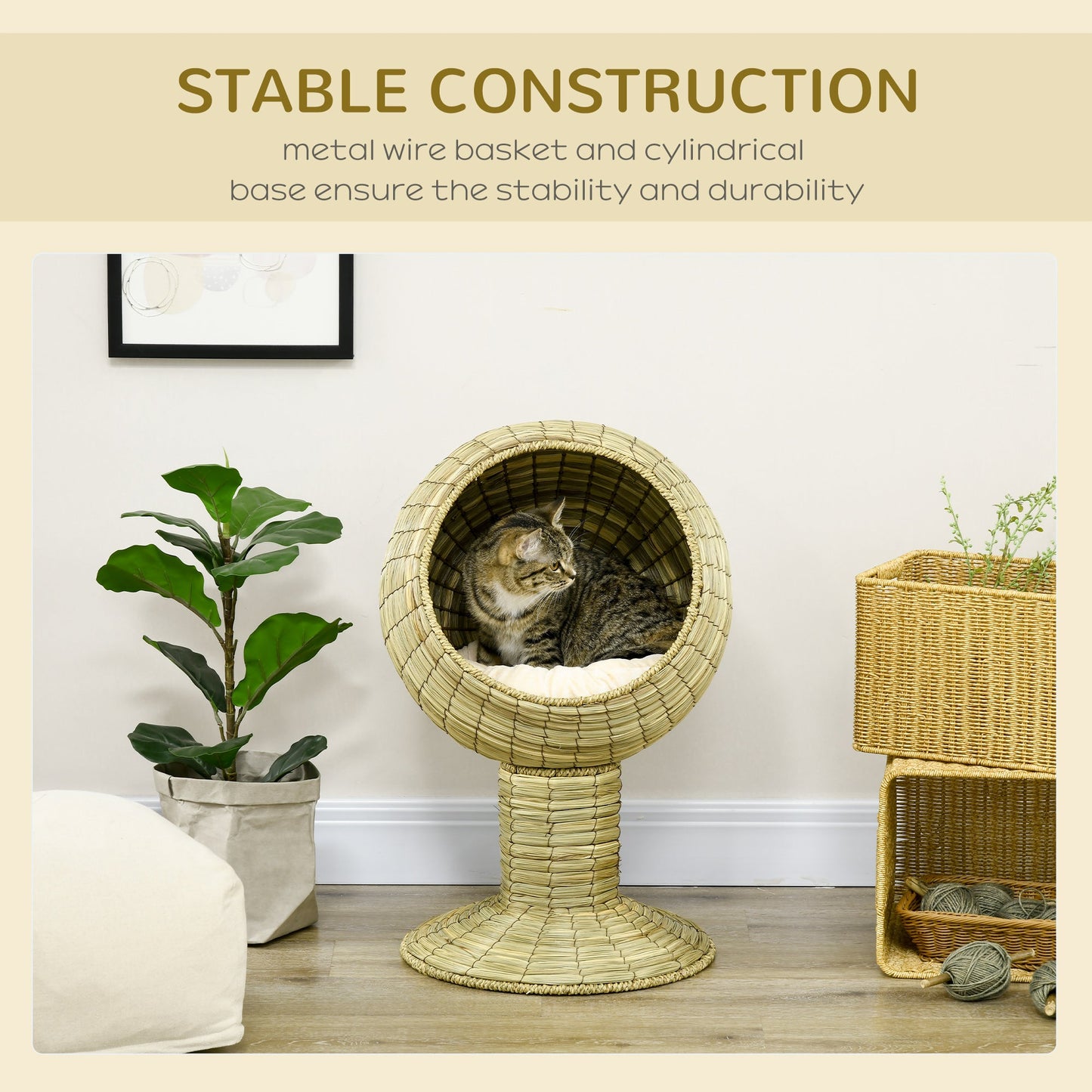 Raised Cat House, Natural Mat Grass Cat Bed, Kitten Cave with Cushion, Detachable Top, Yellow, Φ41x 69 cm