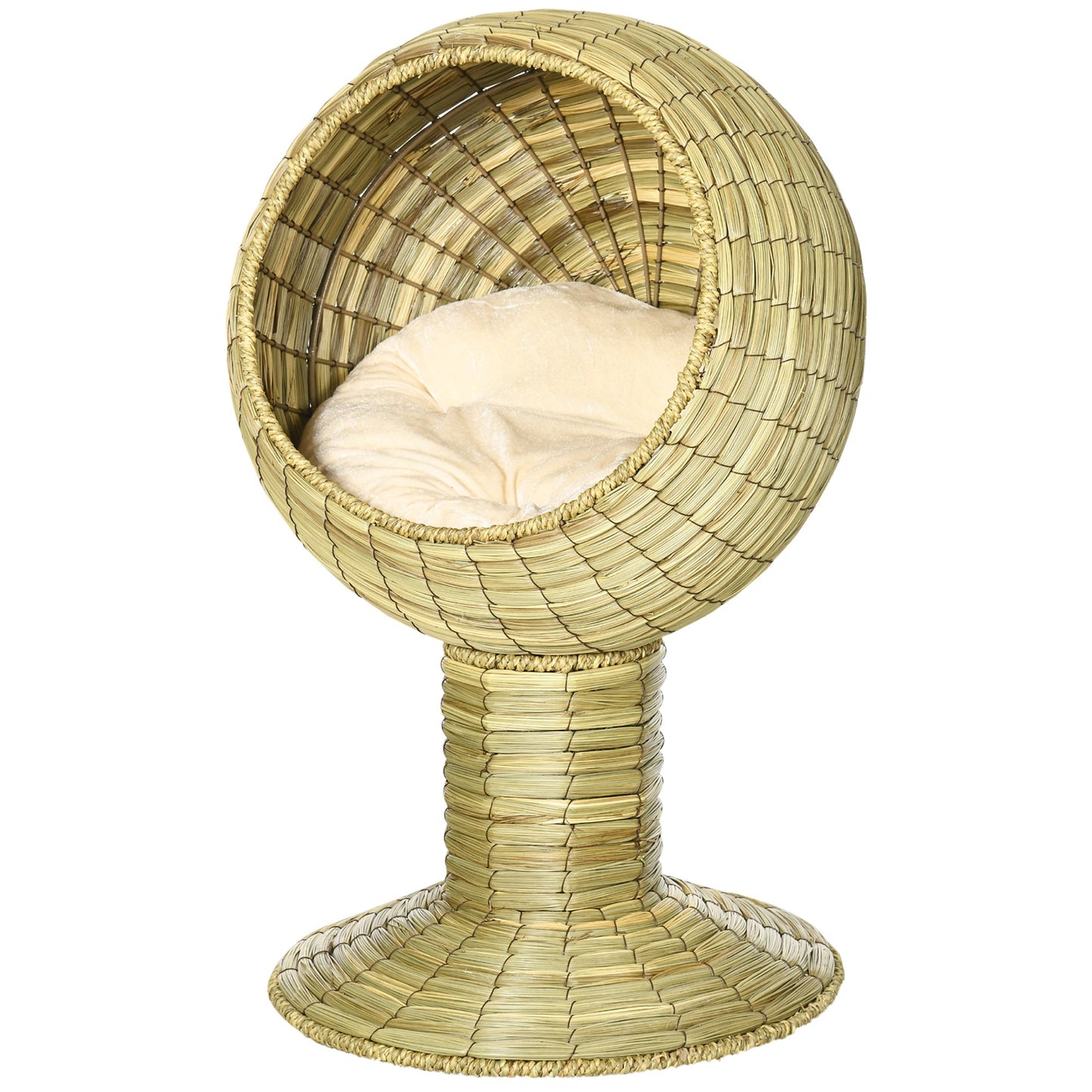 Raised Cat House, Natural Mat Grass Cat Bed, Kitten Cave with Cushion, Detachable Top, Yellow, Φ41x 69 cm