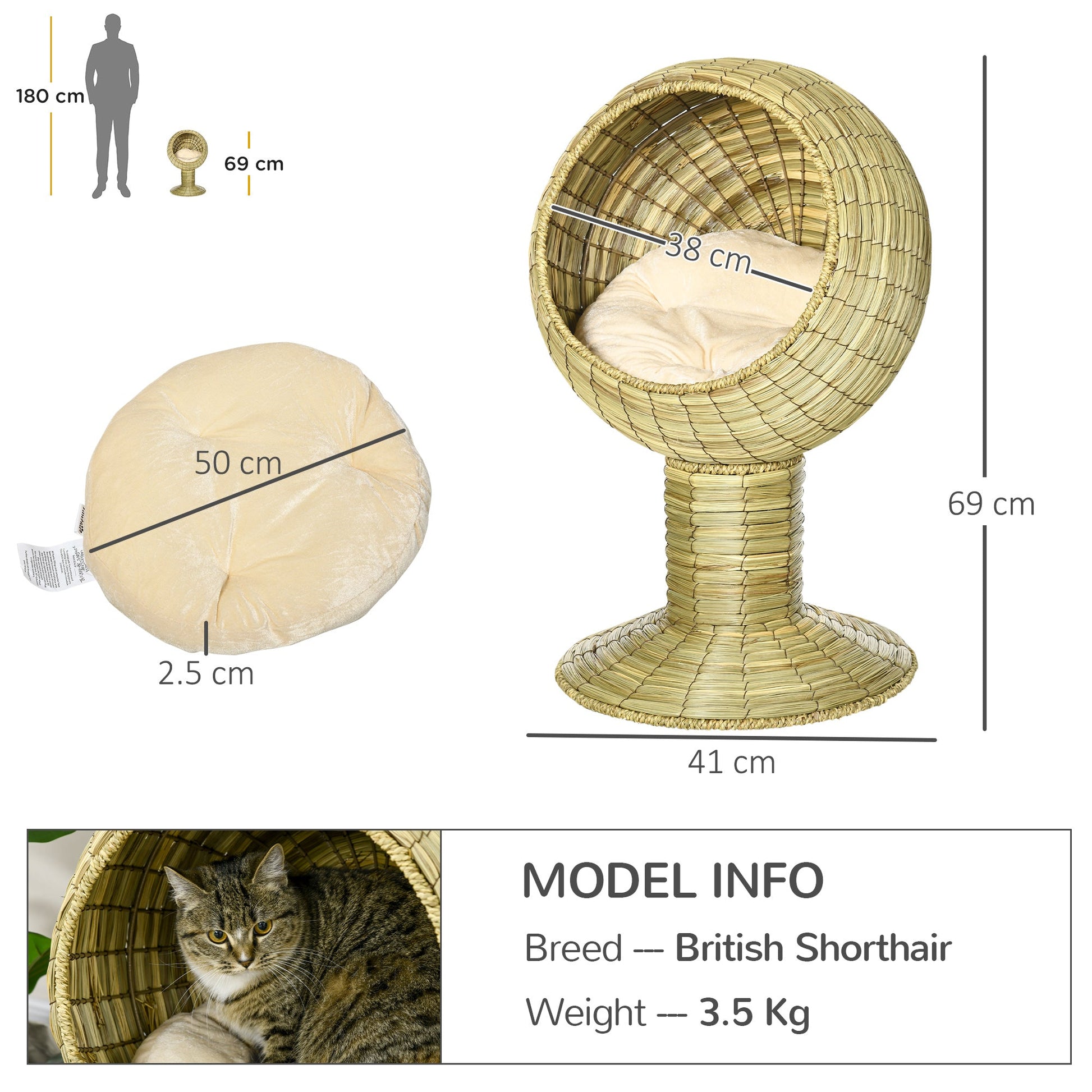 Raised Cat House, Natural Mat Grass Cat Bed, Kitten Cave with Cushion, Detachable Top, Yellow, Φ41x 69 cm