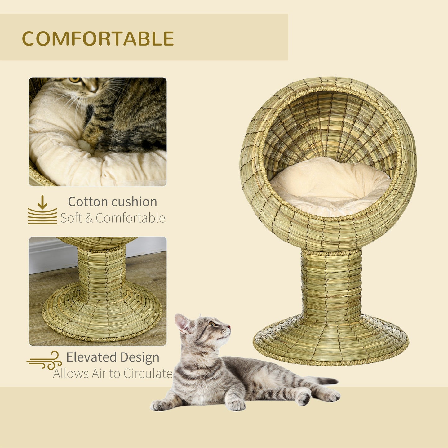 Raised Cat House, Natural Mat Grass Cat Bed, Kitten Cave with Cushion, Detachable Top, Yellow, Φ41x 69 cm