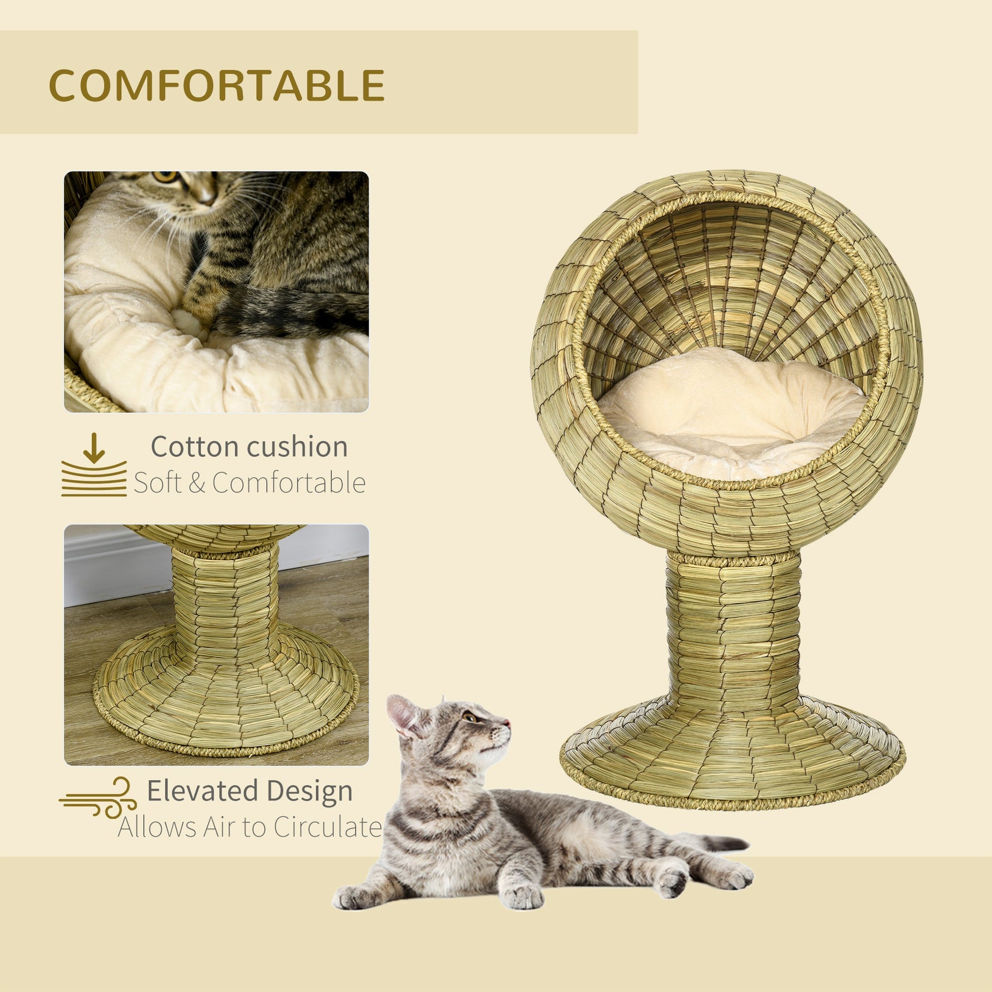 Raised Cat House, Natural Mat Grass Cat Bed, Kitten Cave with Cushion, Detachable Top, Yellow, Φ41x 69 cm