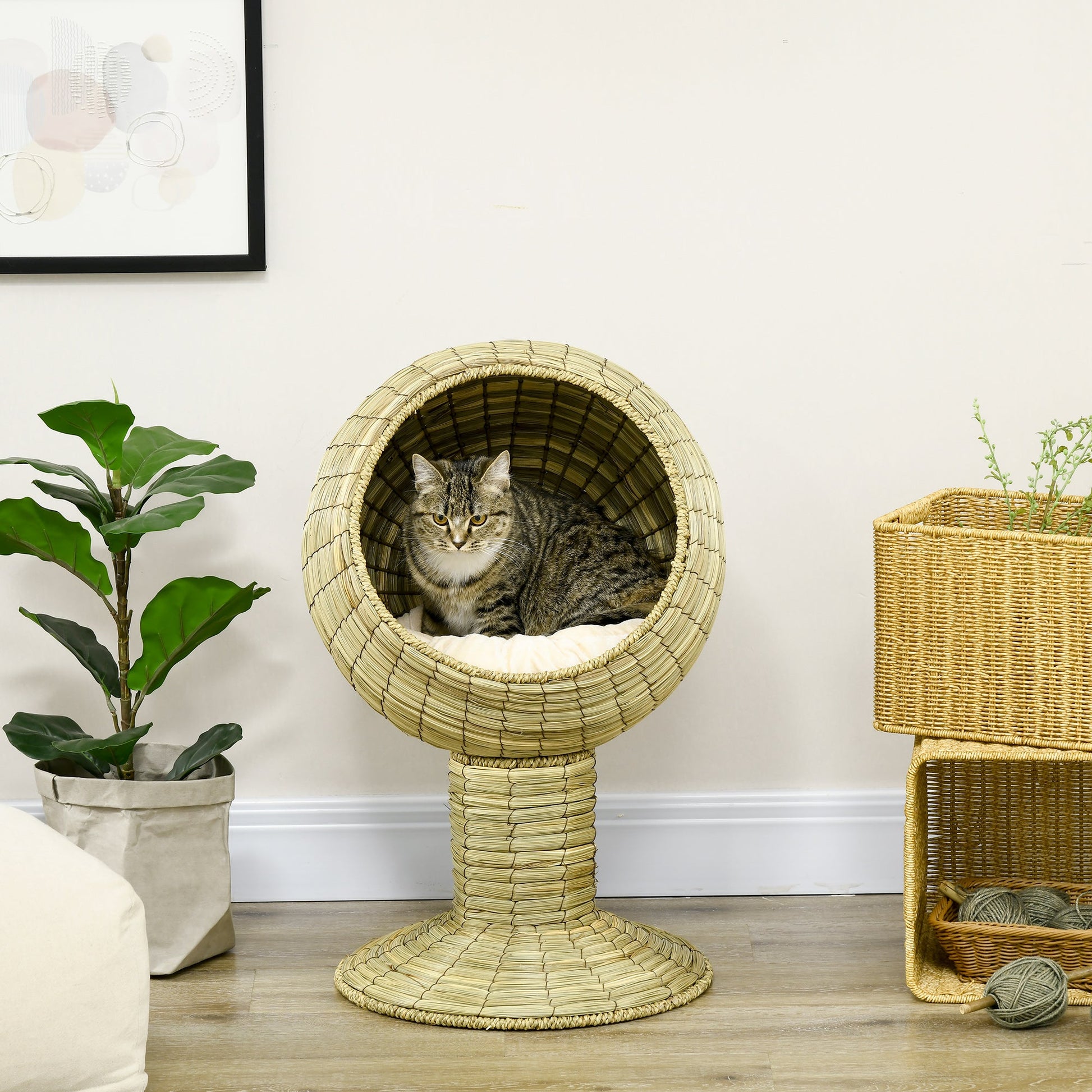 Raised Cat House, Natural Mat Grass Cat Bed, Kitten Cave with Cushion, Detachable Top, Yellow, Φ41x 69 cm
