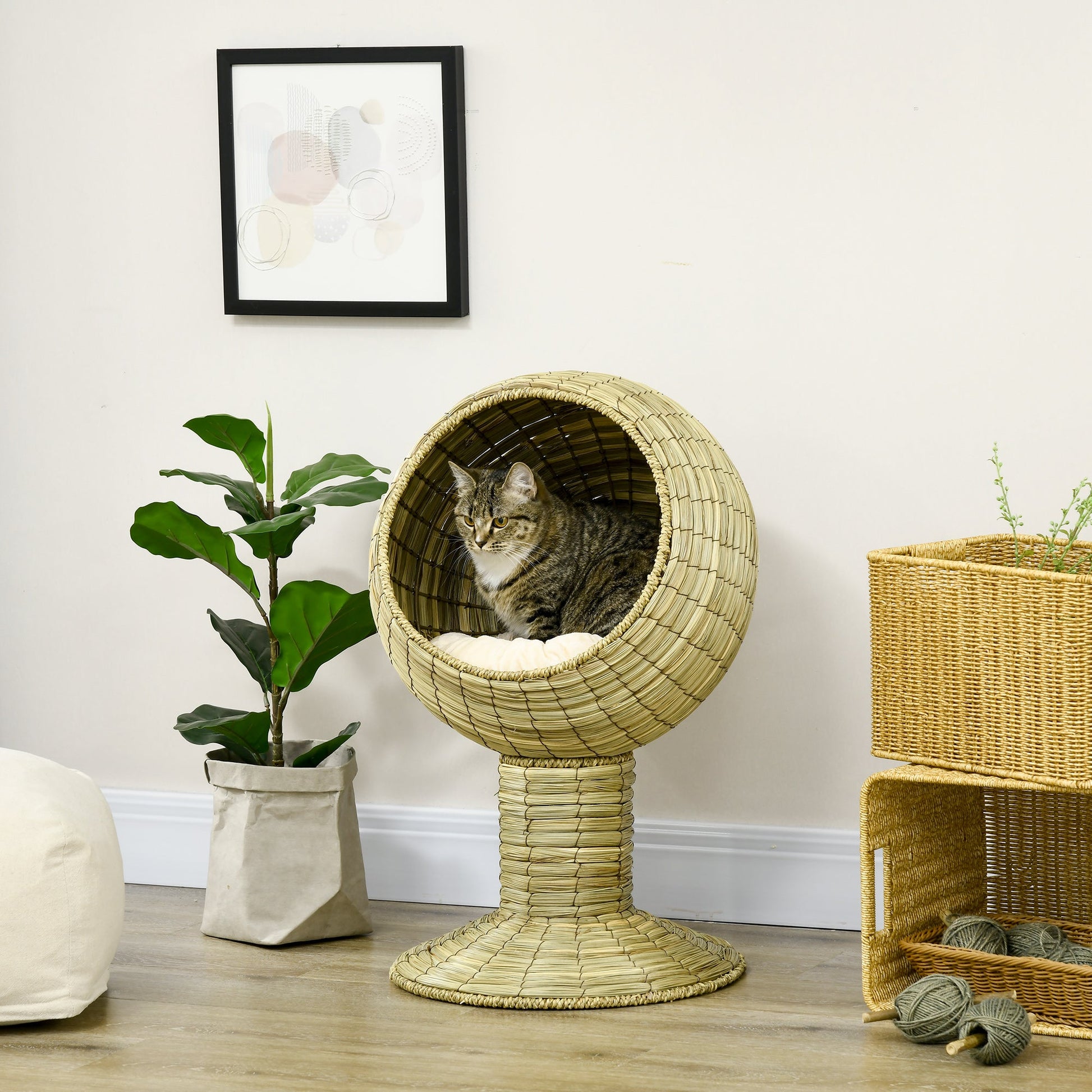 Raised Cat House, Natural Mat Grass Cat Bed, Kitten Cave with Cushion, Detachable Top, Yellow, Φ41x 69 cm