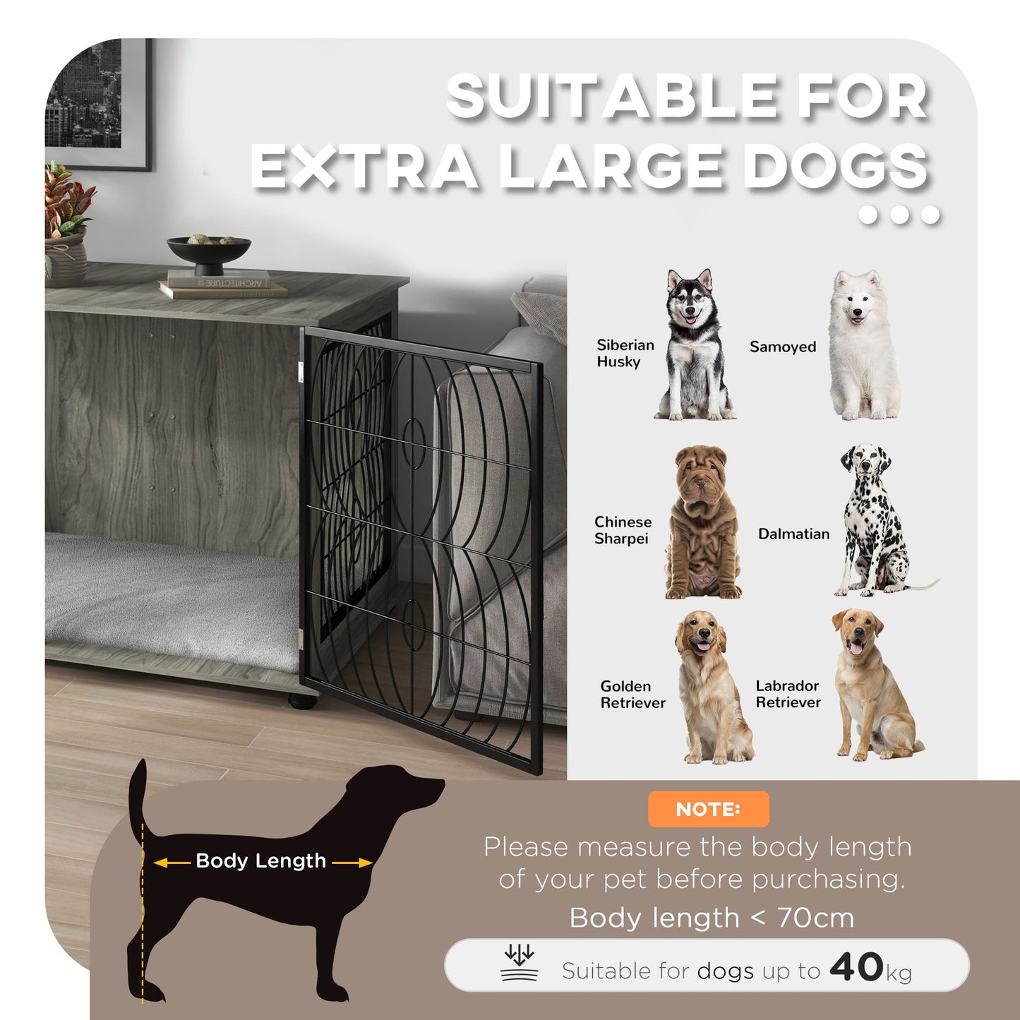Dog Crate Furniture, Dog Cage End Table with Large Top, Soft Washable Cushion, Lockable Front Door, Wire Mesh Ventilation, Indoor Pet Crate for Extra Large Sized, 118 x 75 x 82cm - Grey