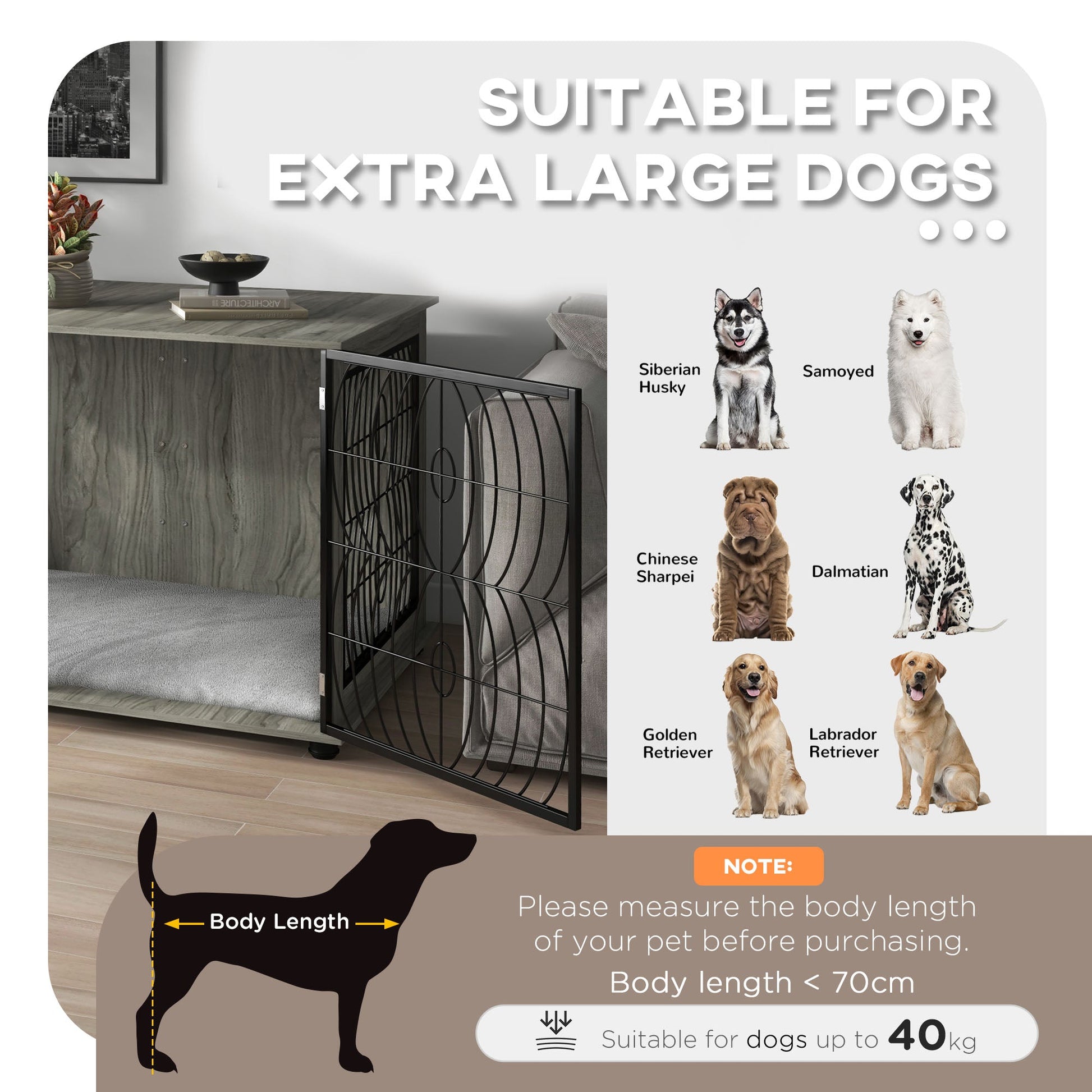 Dog Crate Furniture, Dog Cage End Table with Large Top, Soft Washable Cushion, Lockable Front Door, Wire Mesh Ventilation, Indoor Pet Crate for Extra Large Sized, 118 x 75 x 82cm - Grey