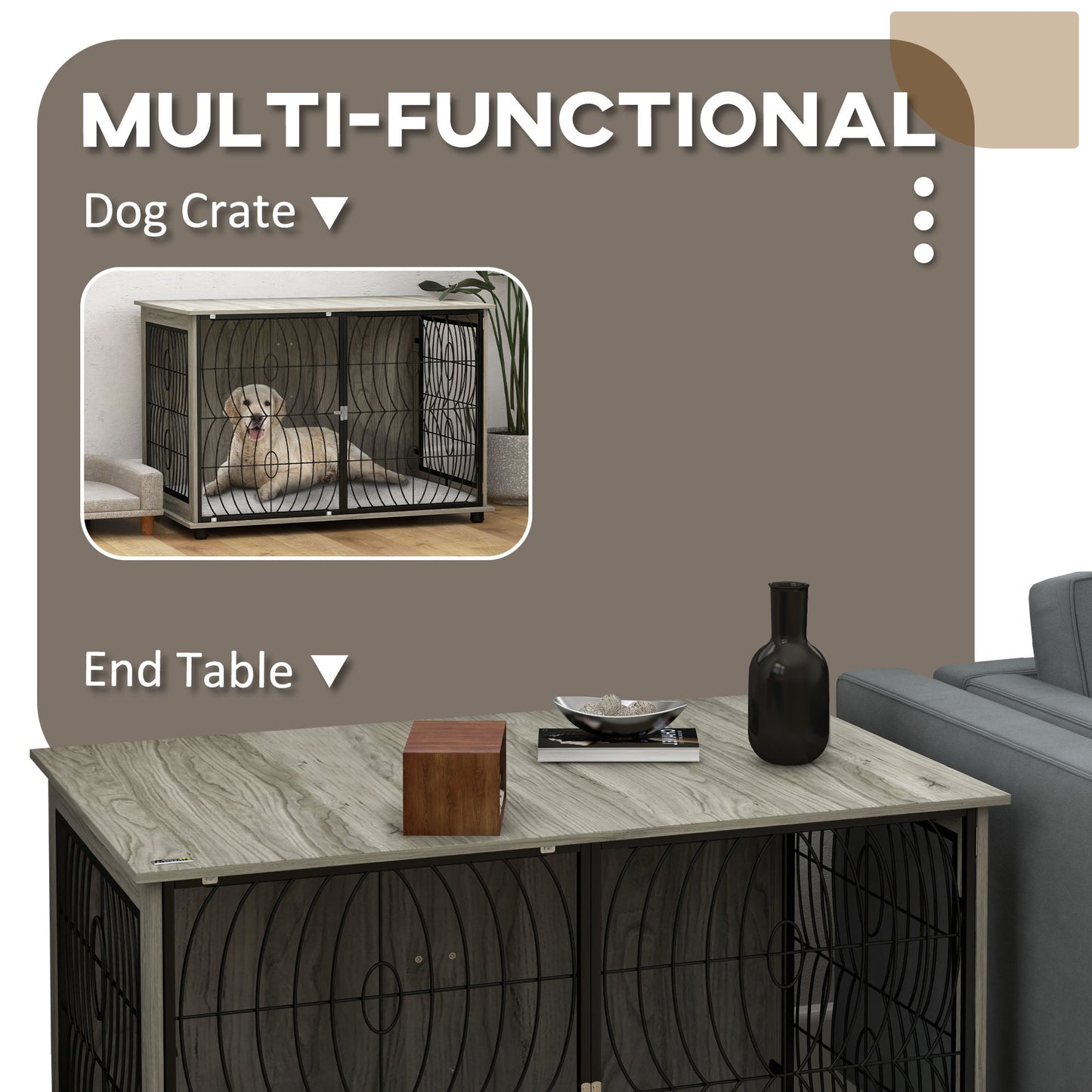 Dog Crate Furniture, Dog Cage End Table with Large Top, Soft Washable Cushion, Lockable Front Door, Wire Mesh Ventilation, Indoor Pet Crate for Extra Large Sized, 118 x 75 x 82cm - Grey