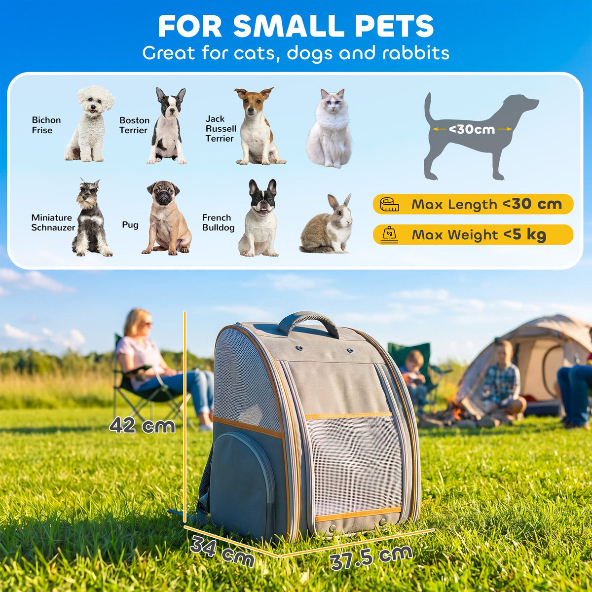 Cat Backpack Carrier, Foldable Pet Carrier for Mini Dogs and Cats Up to 5 kg, Pet Travel Bag with Mesh Window, Side Pocket for Travel and Outdoor Activities, Grey