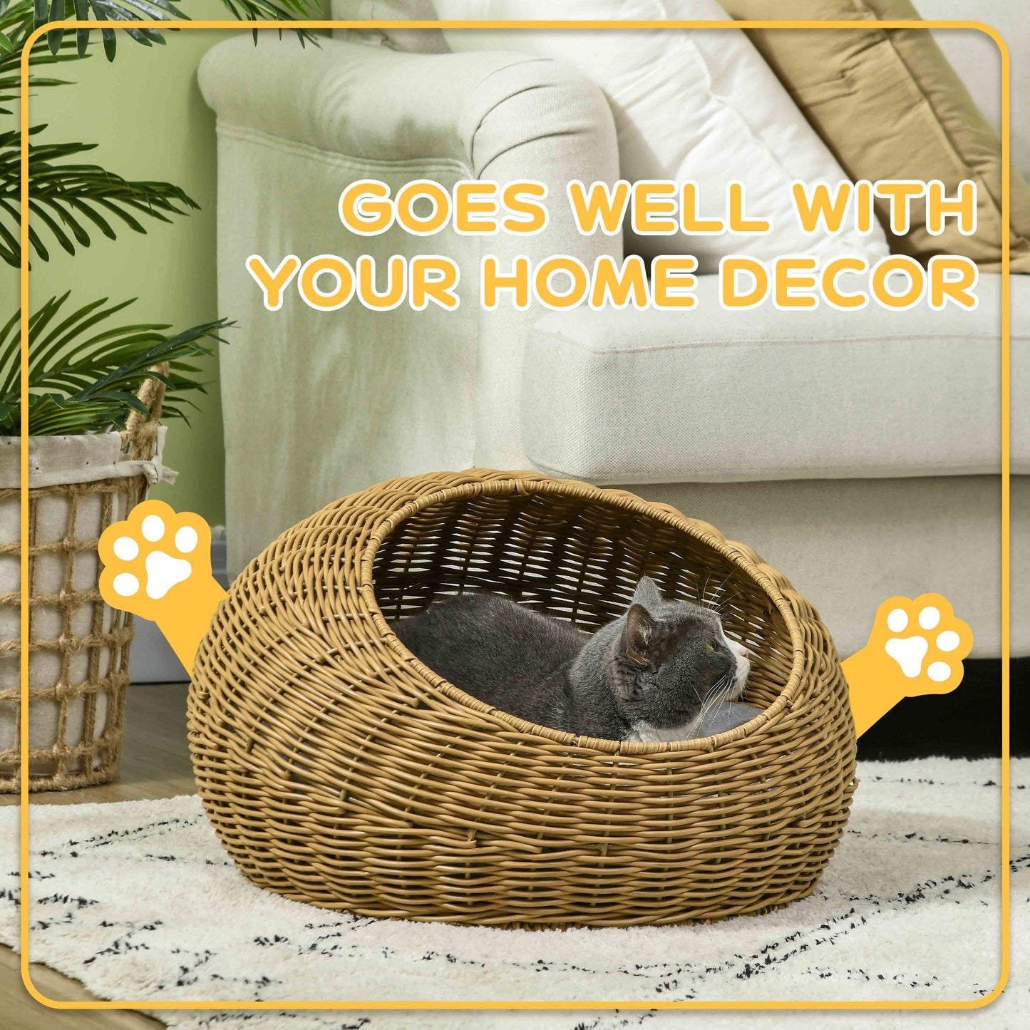 Wicker Cat House, Rattan Cat Bed Kitten Basket with Washable Cushion for Indoor Cats and Puppies, Light Brown
