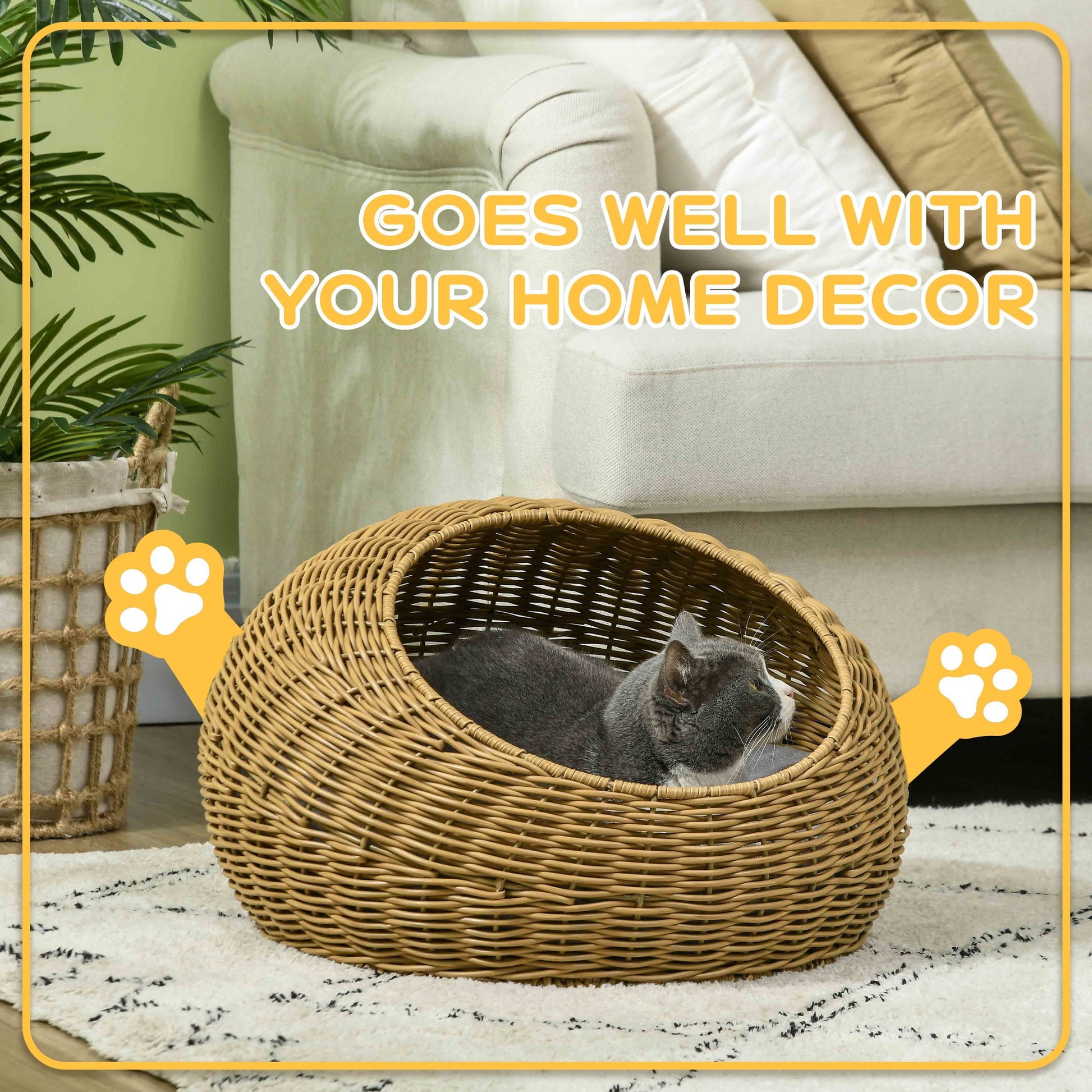 Wicker Cat House, Rattan Cat Bed Kitten Basket with Washable Cushion for Indoor Cats and Puppies, Light Brown
