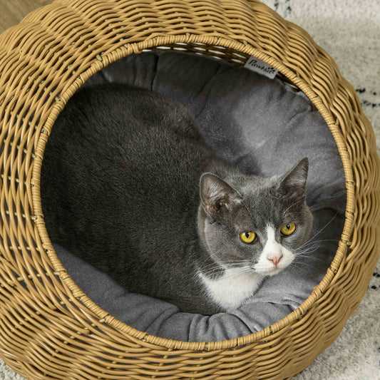 Wicker Cat House, Rattan Cat Bed Kitten Basket with Washable Cushion for Indoor Cats and Puppies, Light Brown