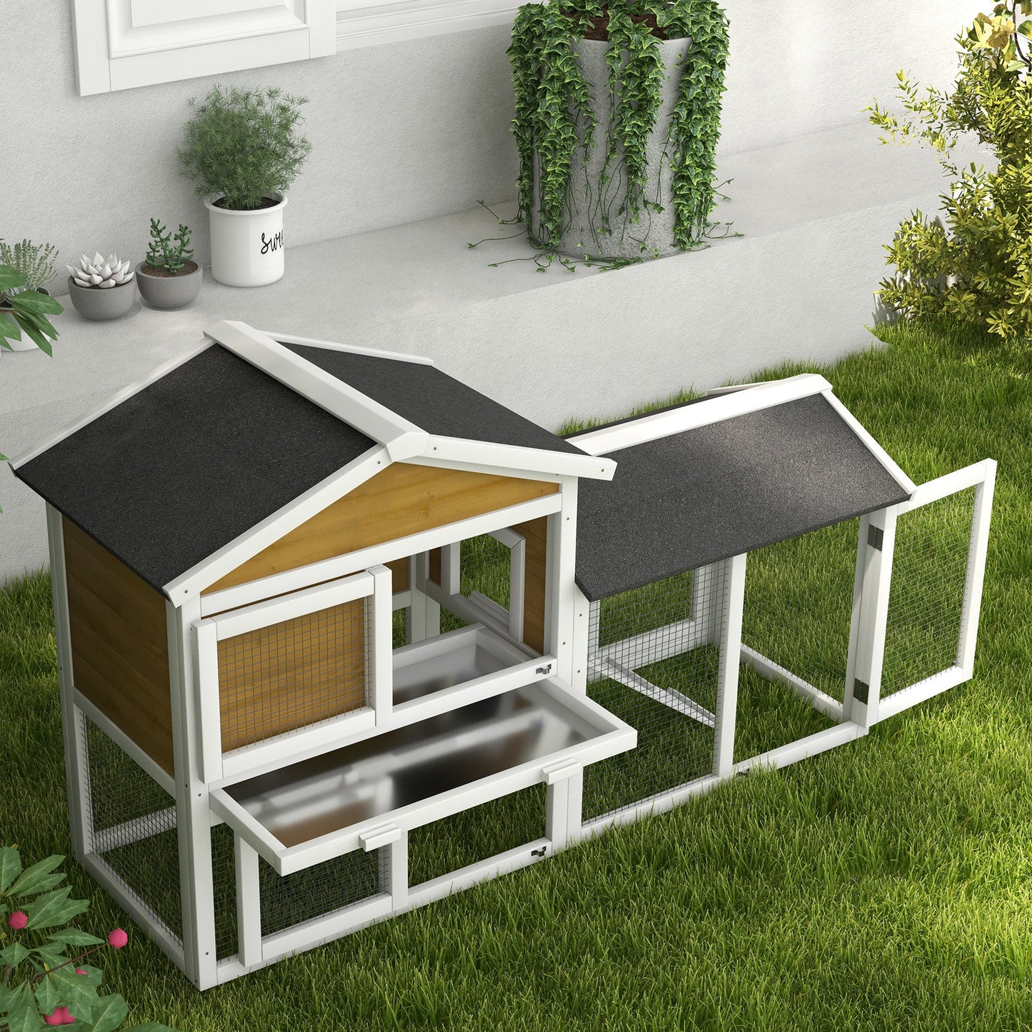 Wooden Rabbit Hutch Outdoor, Double Tier Guinea Pig Hutch, Small Animal House Water-Resistant Roof Ramp 147 x 54 x 84 cm, Yellow