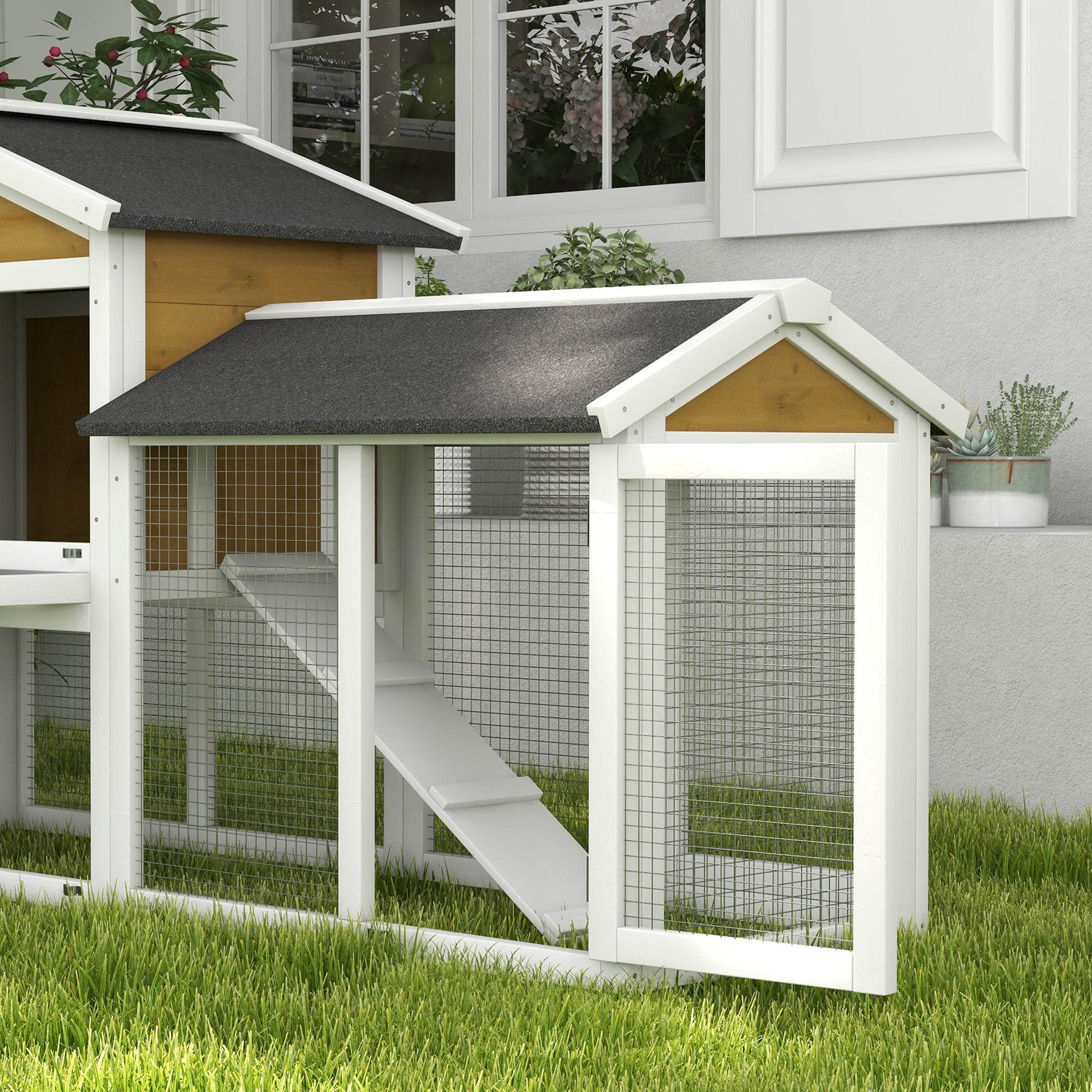 Wooden Rabbit Hutch Outdoor, Double Tier Guinea Pig Hutch, Small Animal House Water-Resistant Roof Ramp 147 x 54 x 84 cm, Yellow