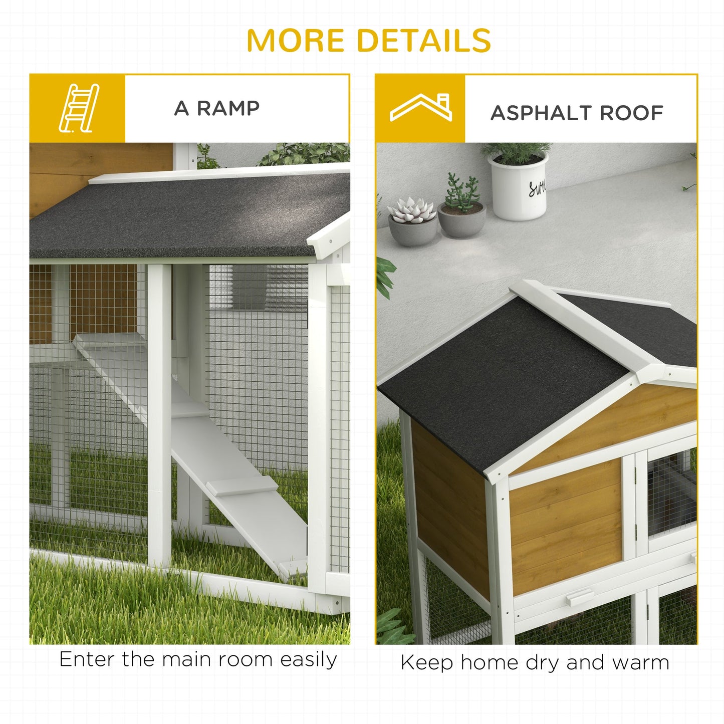 Wooden Rabbit Hutch Outdoor, Double Tier Guinea Pig Hutch, Small Animal House Water-Resistant Roof Ramp 147 x 54 x 84 cm, Yellow