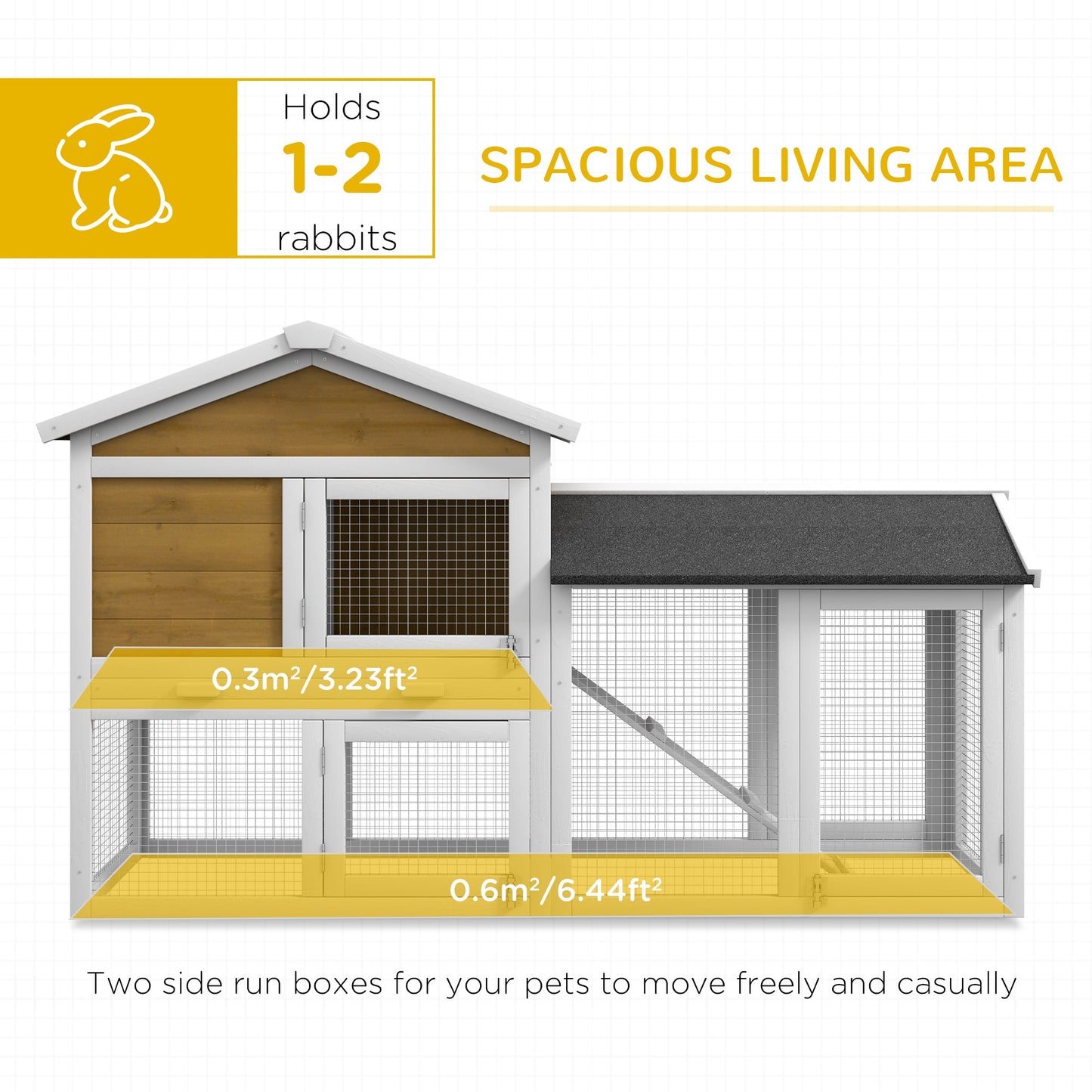Wooden Rabbit Hutch Outdoor, Double Tier Guinea Pig Hutch, Small Animal House Water-Resistant Roof Ramp 147 x 54 x 84 cm, Yellow