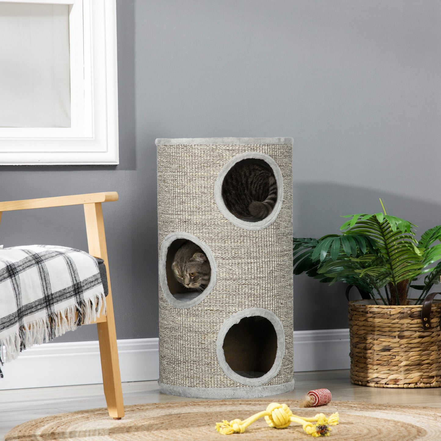 Cat Barrel Kitten Tree Tower for Indoor Cats, Cat Climbing Frame, Covered in Sisal, Cosy Platform - Light Grey