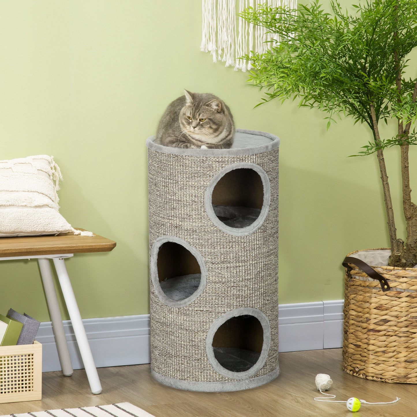Cat Barrel Kitten Tree Tower for Indoor Cats, Cat Climbing Frame, Covered in Sisal, Cosy Platform - Light Grey