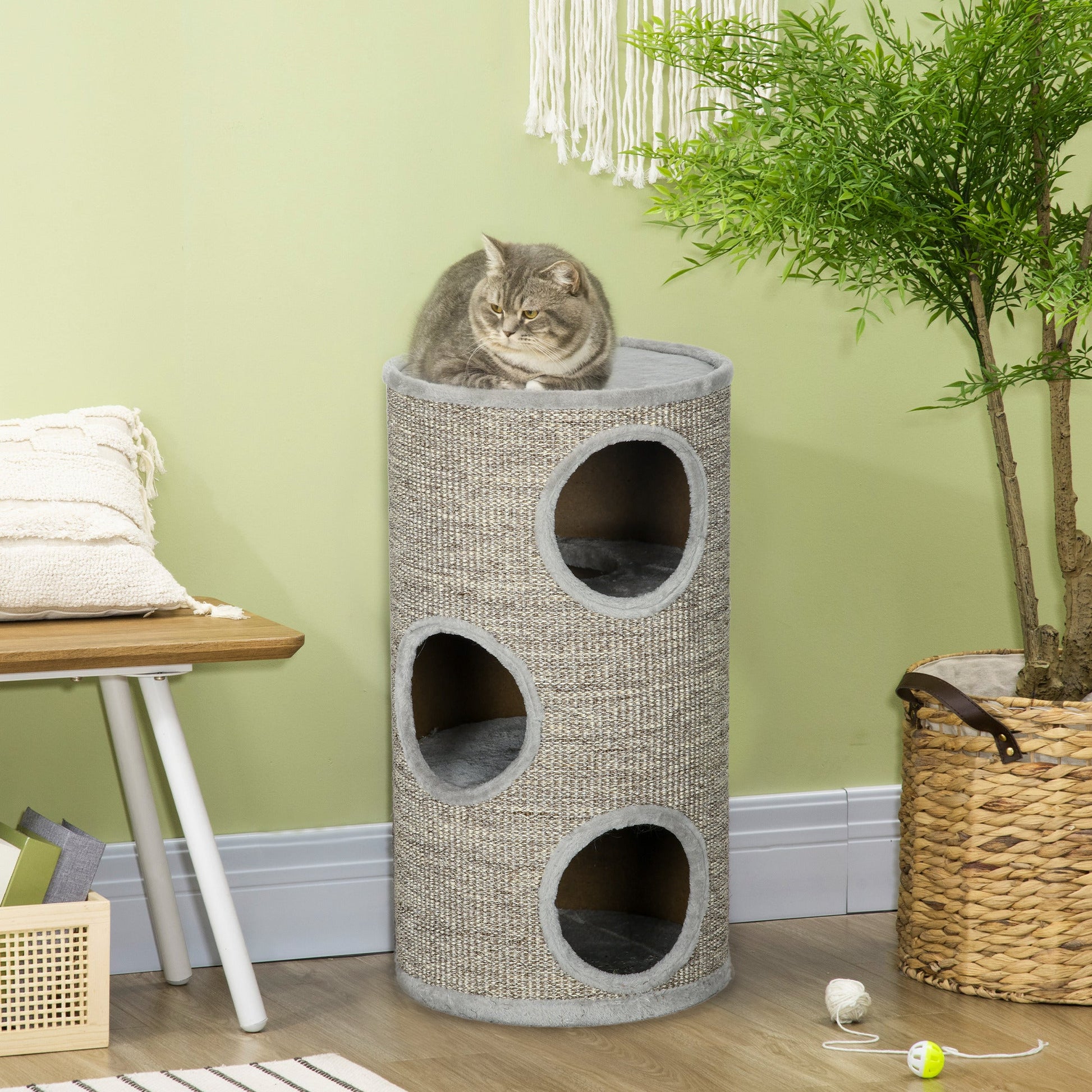Cat Barrel Kitten Tree Tower for Indoor Cats, Cat Climbing Frame, Covered in Sisal, Cosy Platform - Light Grey