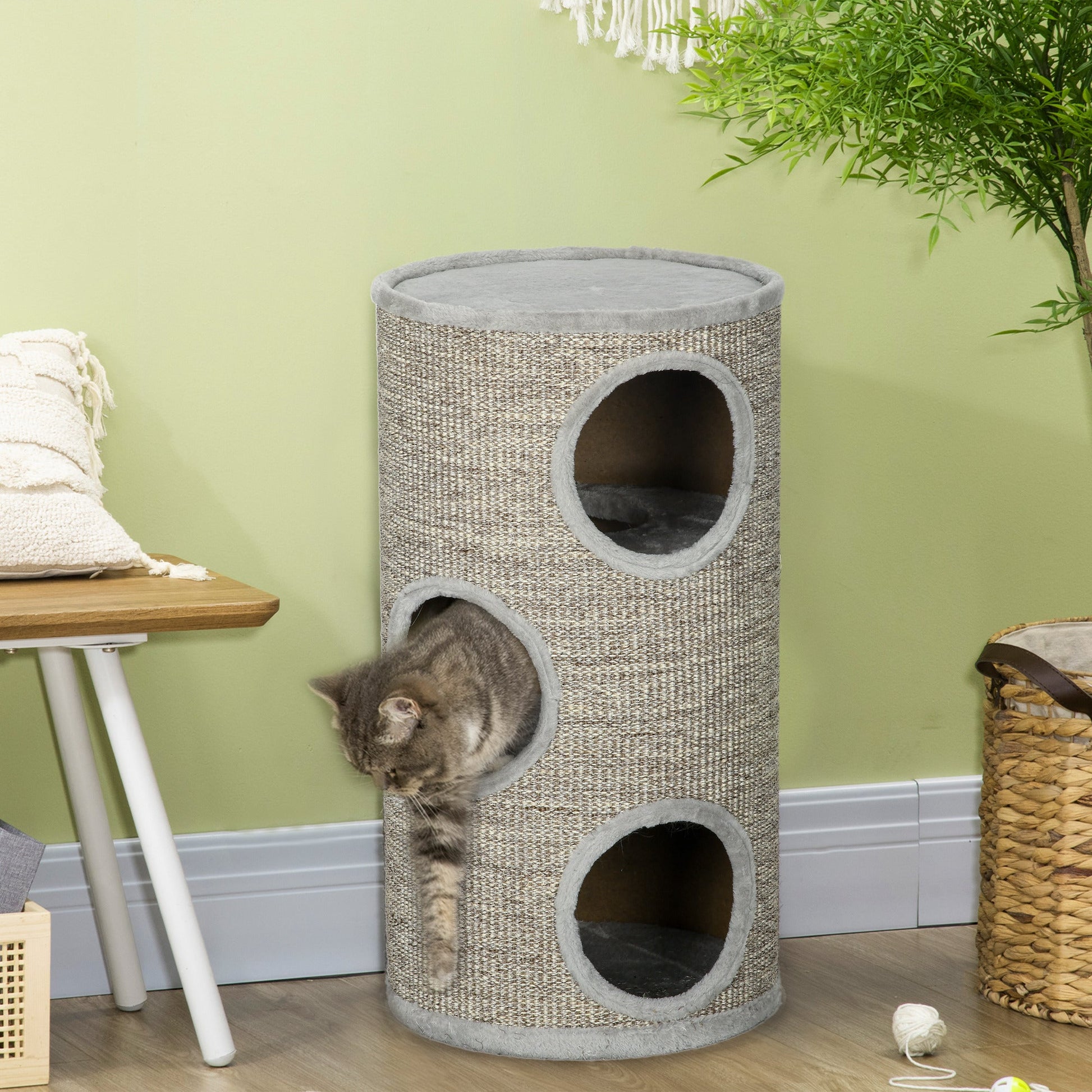 Cat Barrel Kitten Tree Tower for Indoor Cats, Cat Climbing Frame, Covered in Sisal, Cosy Platform - Light Grey